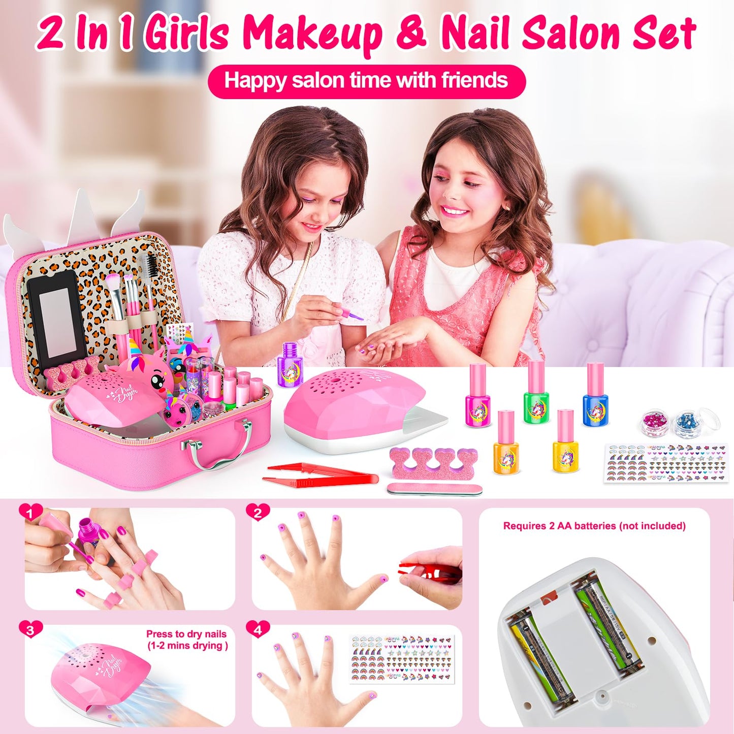 Mqsiuve Kids Makeup Kit for Girls - 2-in-1 Washable Toy Makeup & Nail Art Set (Pink)