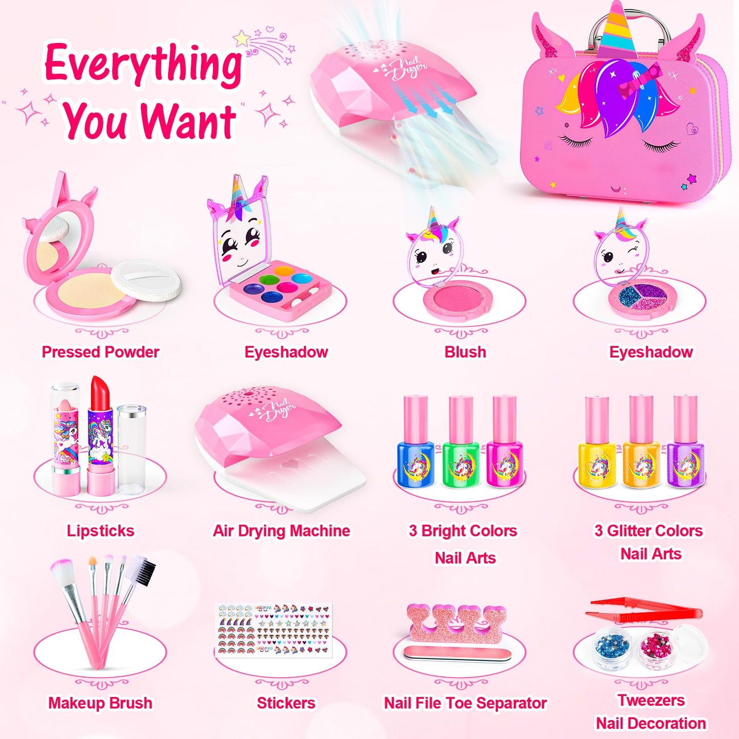 Mqsiuve Kids Makeup Kit for Girls - 2-in-1 Washable Toy Makeup & Nail Art Set (Pink)