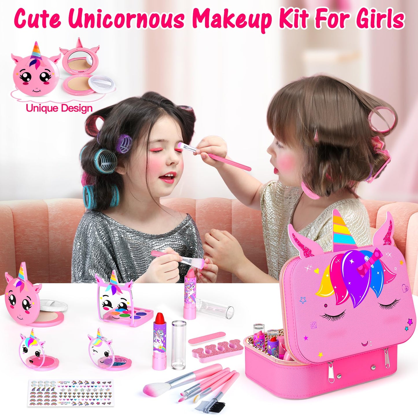 Mqsiuve Kids Makeup Kit for Girls - 2-in-1 Washable Toy Makeup & Nail Art Set (Pink)