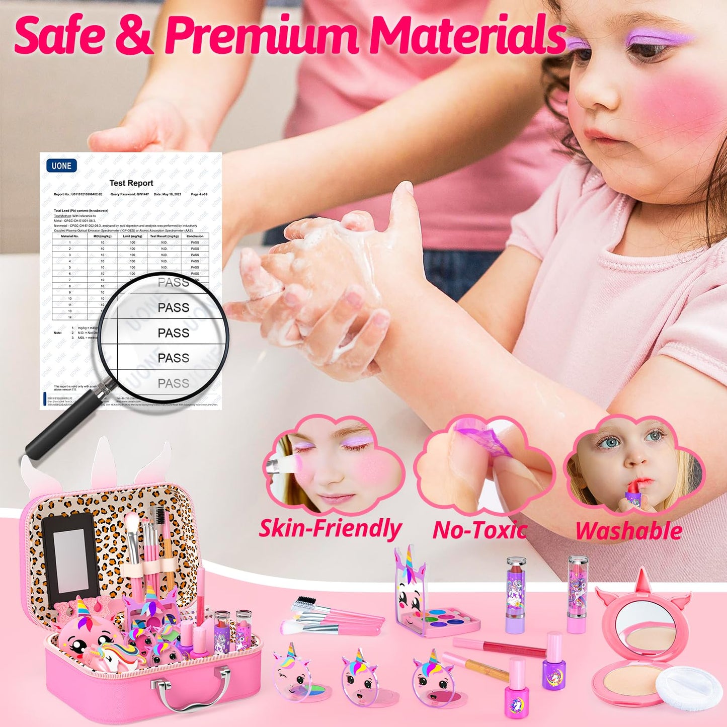Mqsiuve Kids Makeup Kit for Girls - Non-Toxic, Washable Real-Play Makeup Set (Bright Pink)