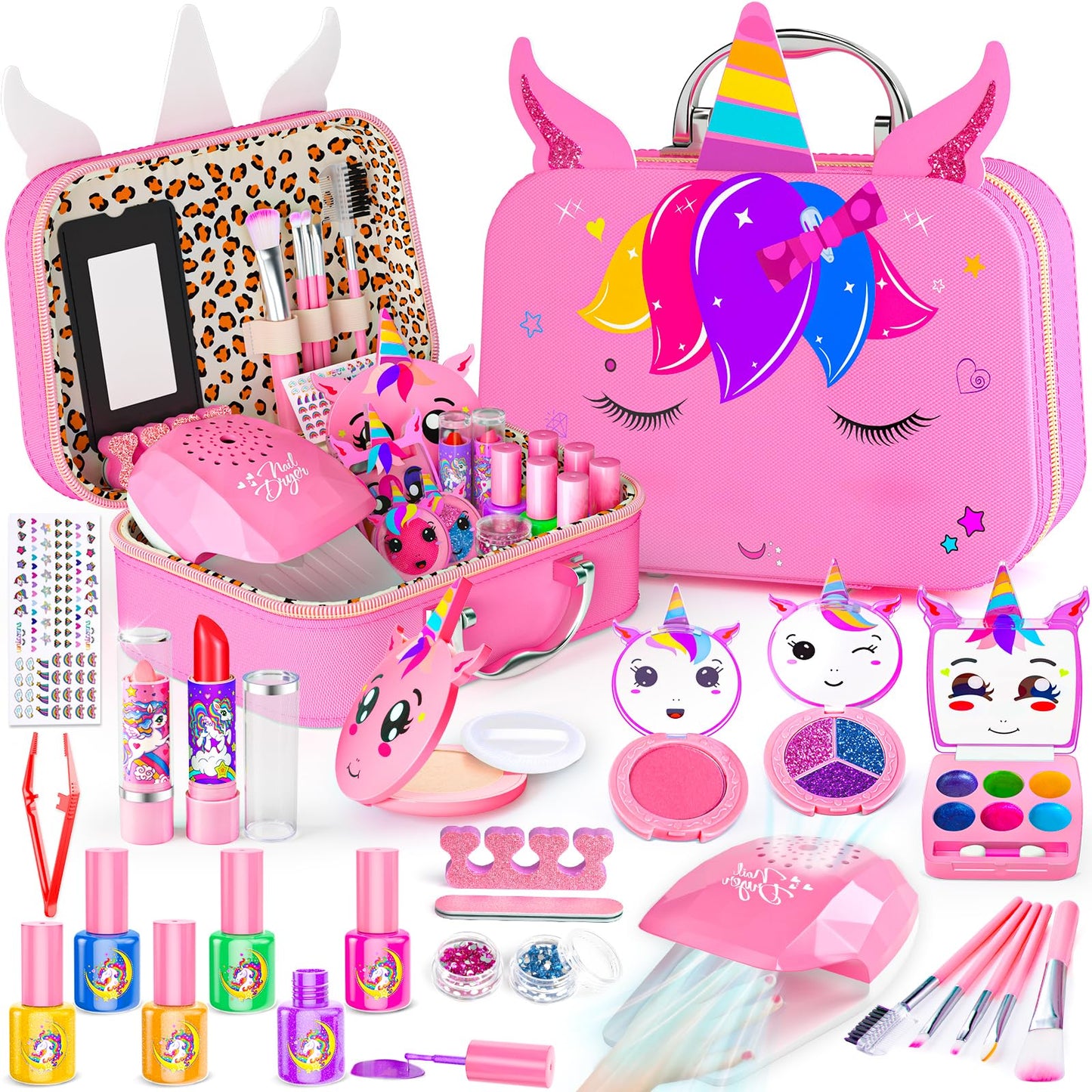 Mqsiuve Kids Makeup Kit for Girls - 2-in-1 Washable Toy Makeup & Nail Art Set (Pink)