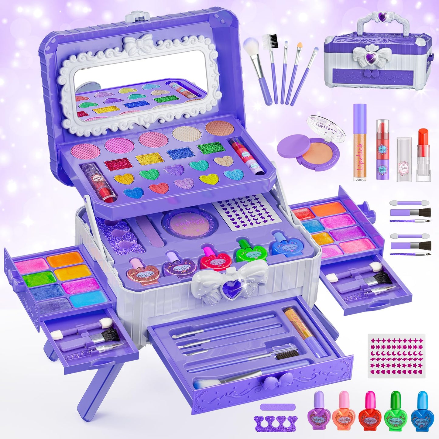 Mqsiuve Kids Makeup Sets for Girls – Washable Princess Kit with Mirror & Dressing Table Stand (Ages 3–12)