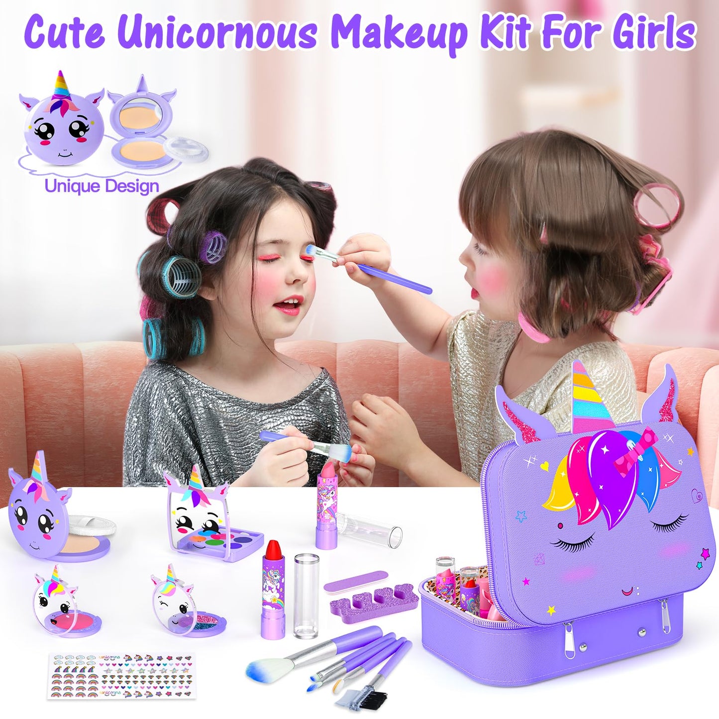 Mqsiuve Kids Makeup Kit for Girls – 2-in-1 Washable Makeup Toys, Nail Art Kit & Case (Purple)