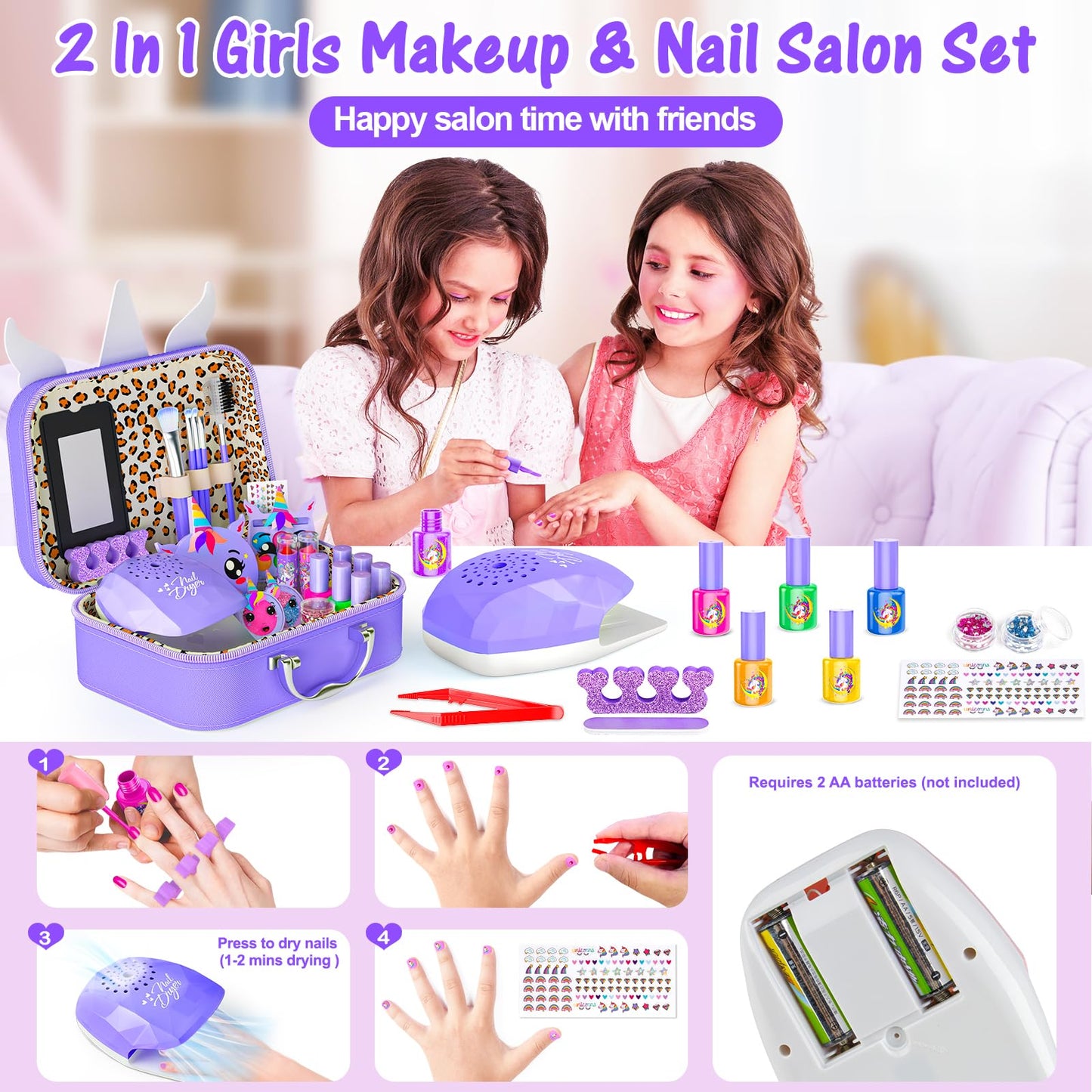 Mqsiuve Kids Makeup Kit for Girls – 2-in-1 Washable Makeup Toys, Nail Art Kit & Case (Purple)