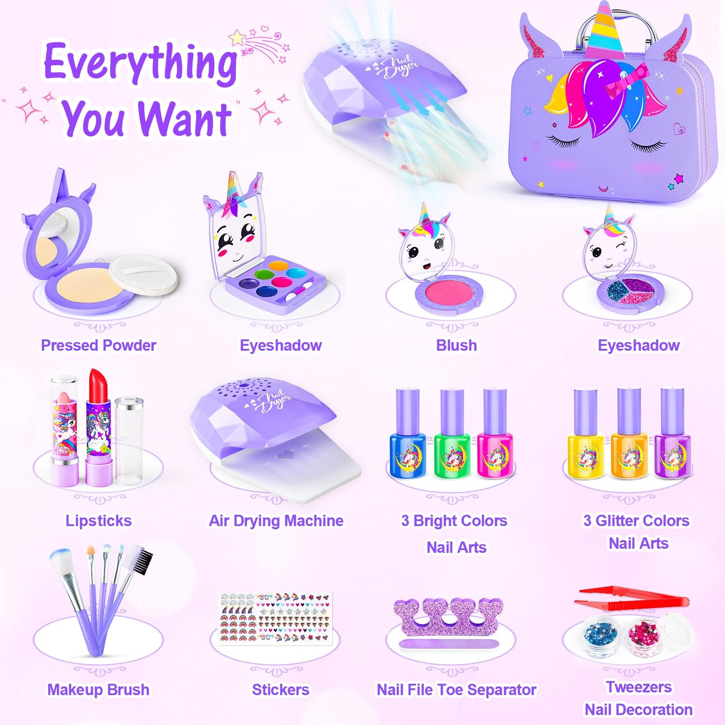 Mqsiuve Kids Makeup Kit for Girls – 2-in-1 Washable Makeup Toys, Nail Art Kit & Case (Purple)