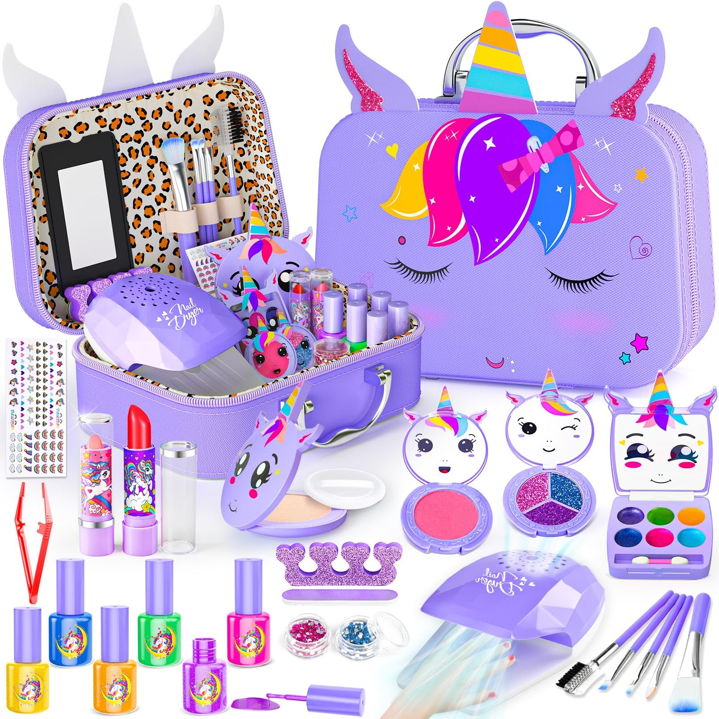 Mqsiuve Kids Makeup Kit for Girls – 2-in-1 Washable Makeup Toys, Nail Art Kit & Case (Purple)