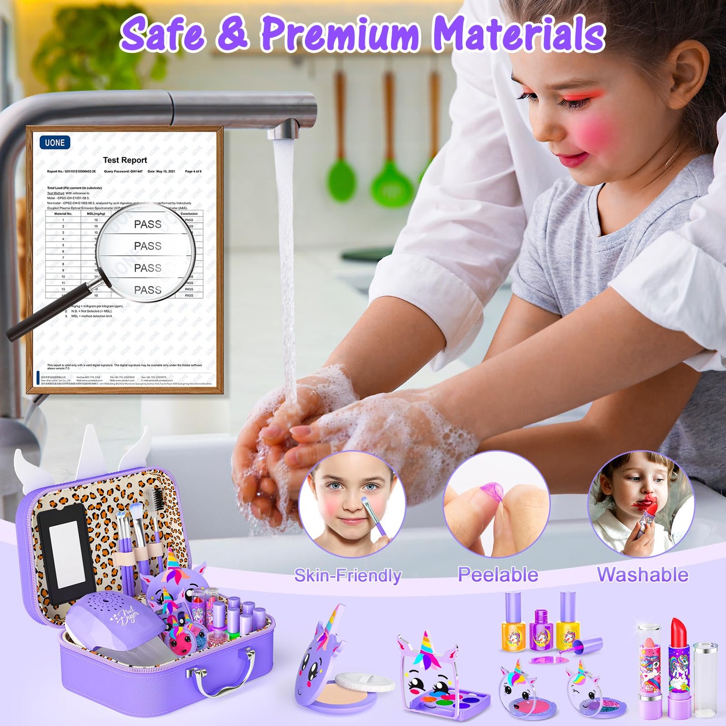 Mqsiuve Kids Makeup Kit for Girls – 2-in-1 Washable Makeup Toys, Nail Art Kit & Case (Purple)