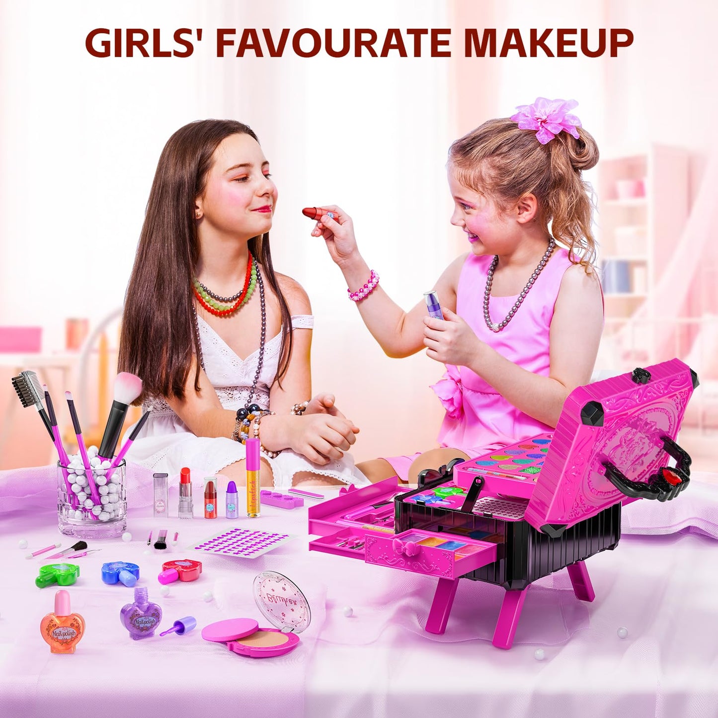 Mqsiuve Kids Makeup Sets for Girls – Washable Toy Makeup Kit with Mirror & Dressing Table (Ages 3-12)