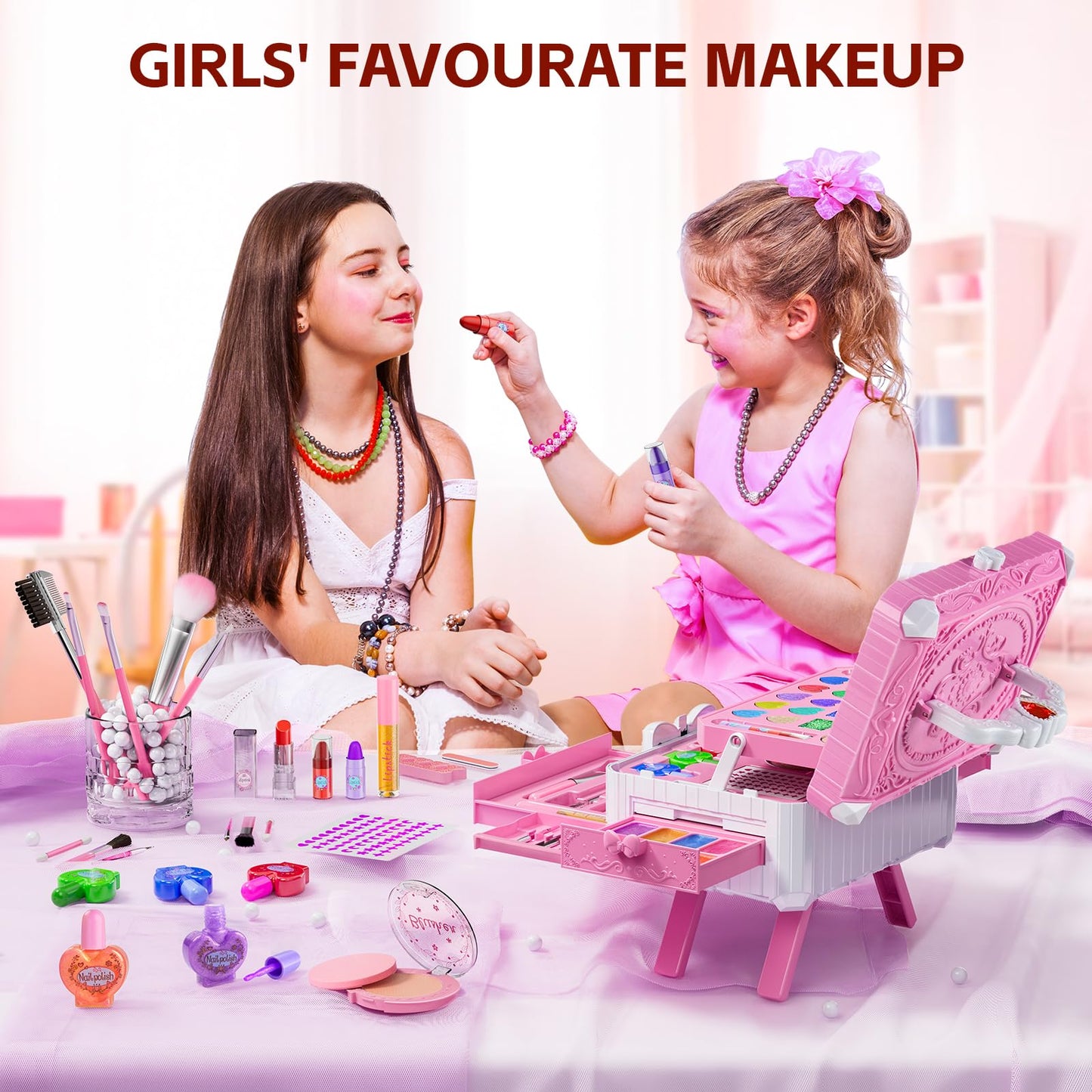 Mqsiuve Kids Makeup Sets for Girls – Washable, Mirror Dressing Table & Princess Kit (Ages 3–12)