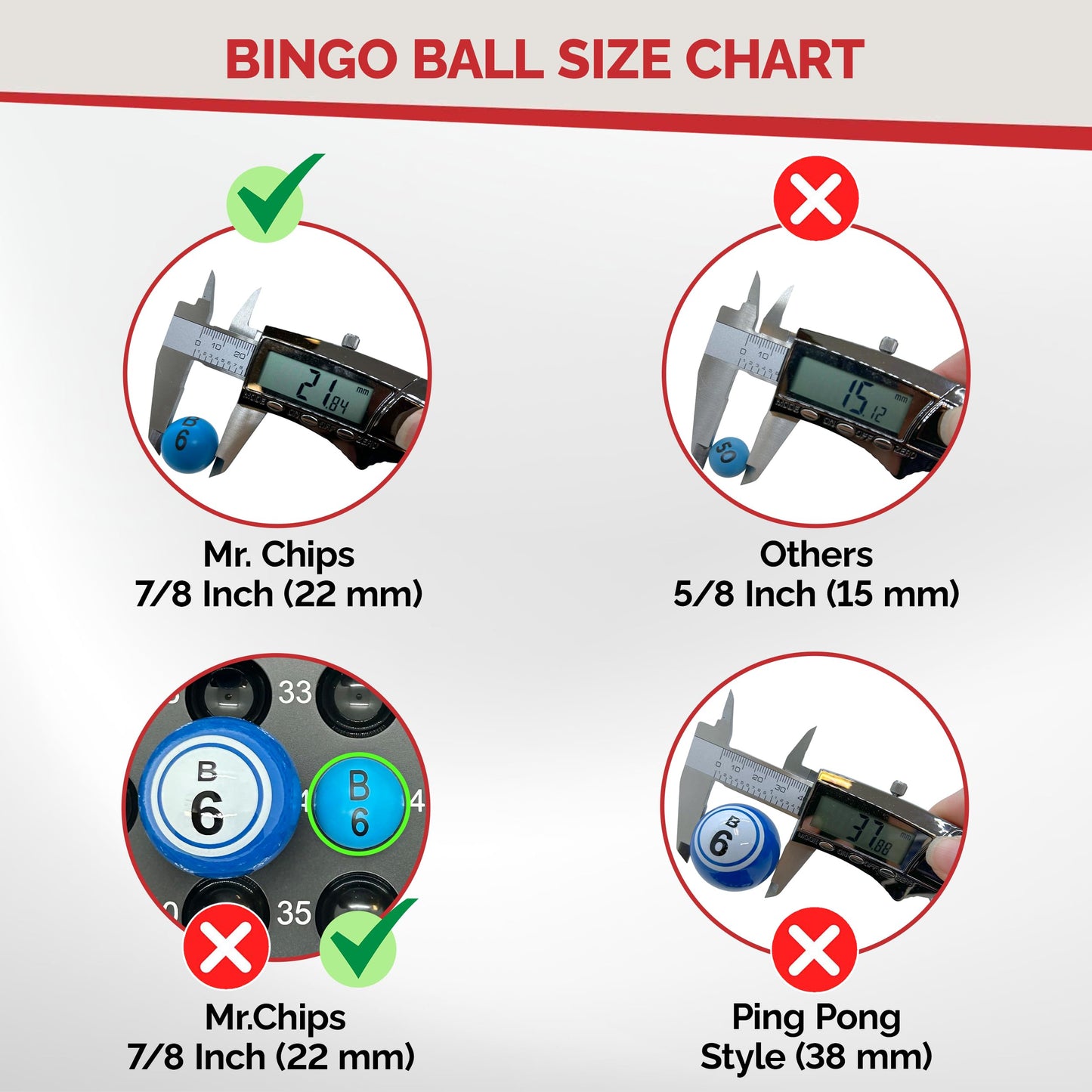 MR CHIPS Easy Read Bingo Balls – 7/8 Inch Diameter, Fade & Scratch Resistant, Color-Coded