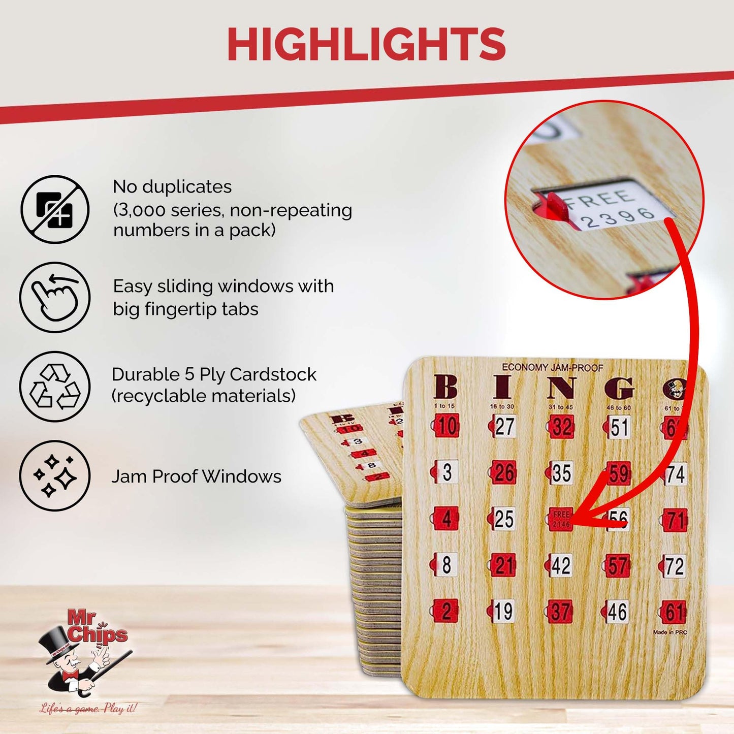 MR CHIPS Jam-Proof Bingo Cards with Sliding Windows — 25 Reusable Shutter Cards, 75 Calling Cards, Master Board (Tan Woodgrain)
