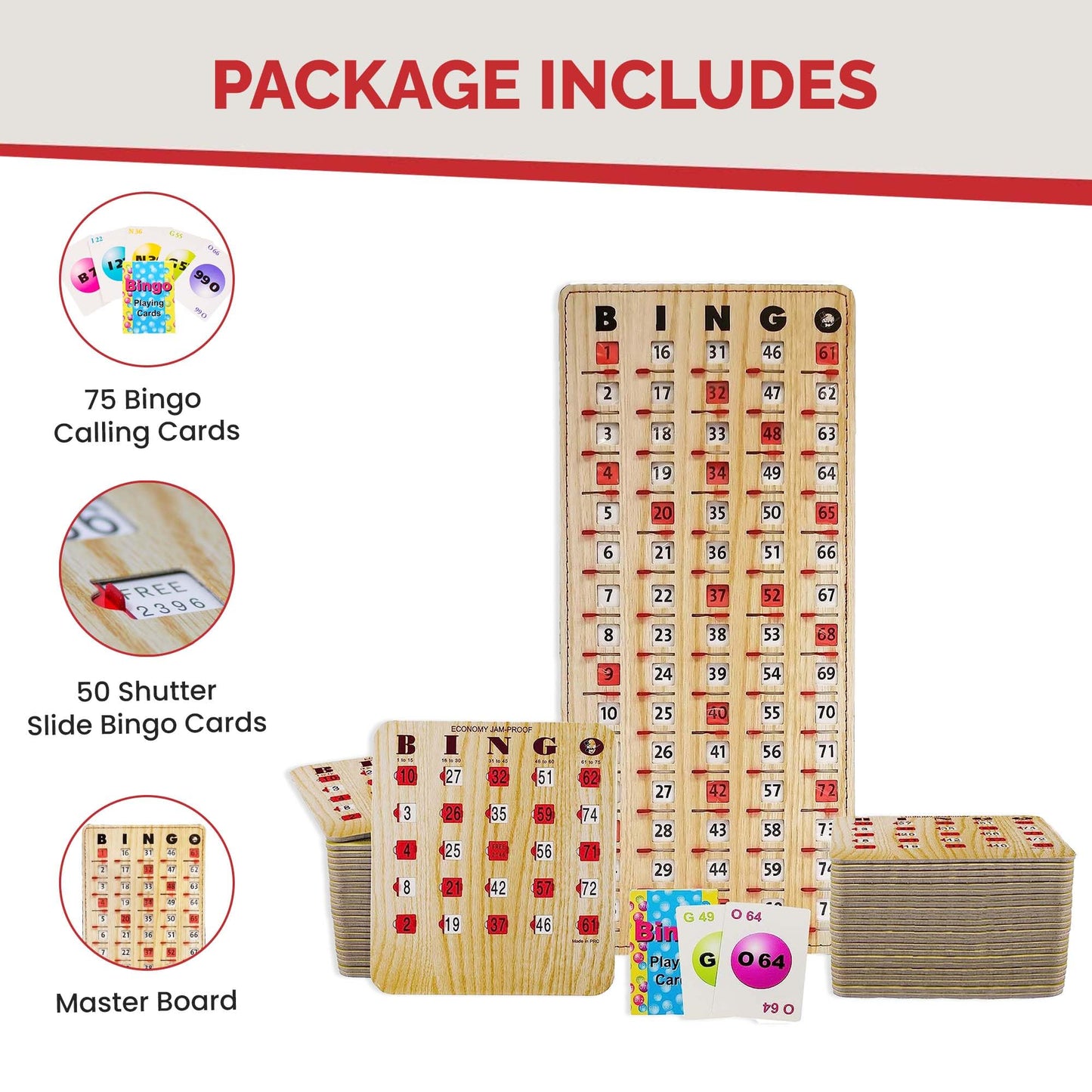 MR CHIPS Jam-Proof Bingo Cards with Sliding Windows - 50 Cards, 75 Calling Cards & Master Board