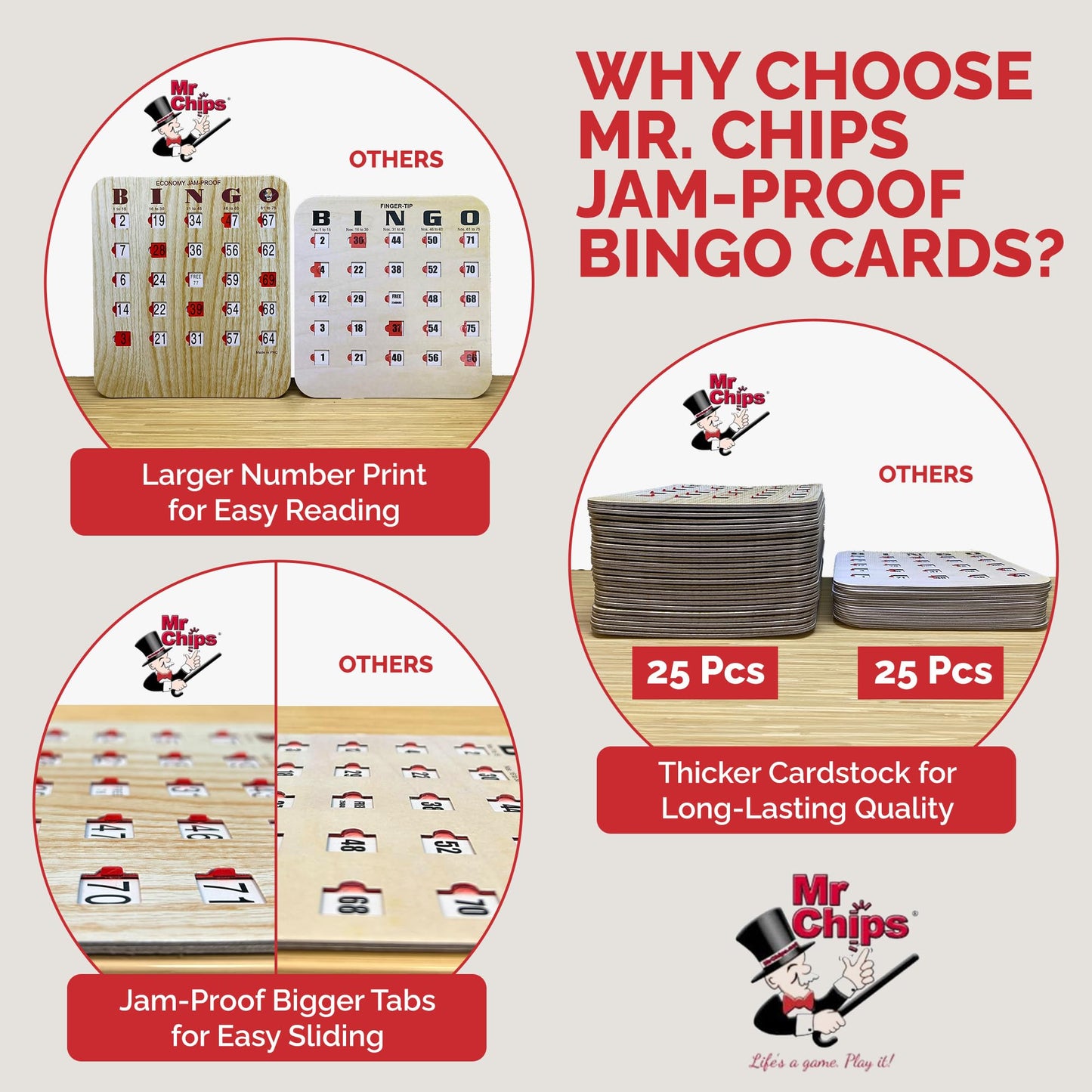 MR CHIPS Jam-Proof Fingertip Slide Bingo Cards – 10-Pack with Sliding Windows (Tan Style)