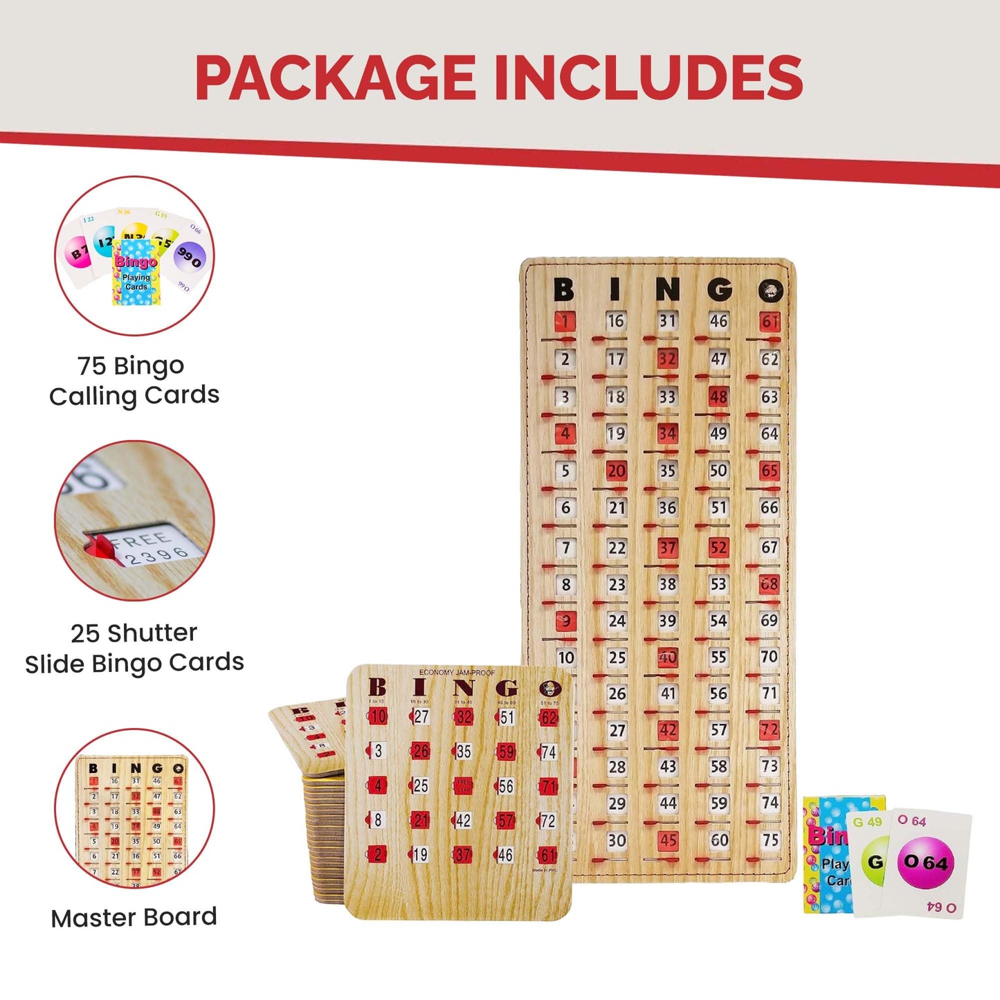 MR CHIPS Jam-Proof Bingo Cards with Sliding Windows — 25 Reusable Shutter Cards, 75 Calling Cards, Master Board (Tan Woodgrain)