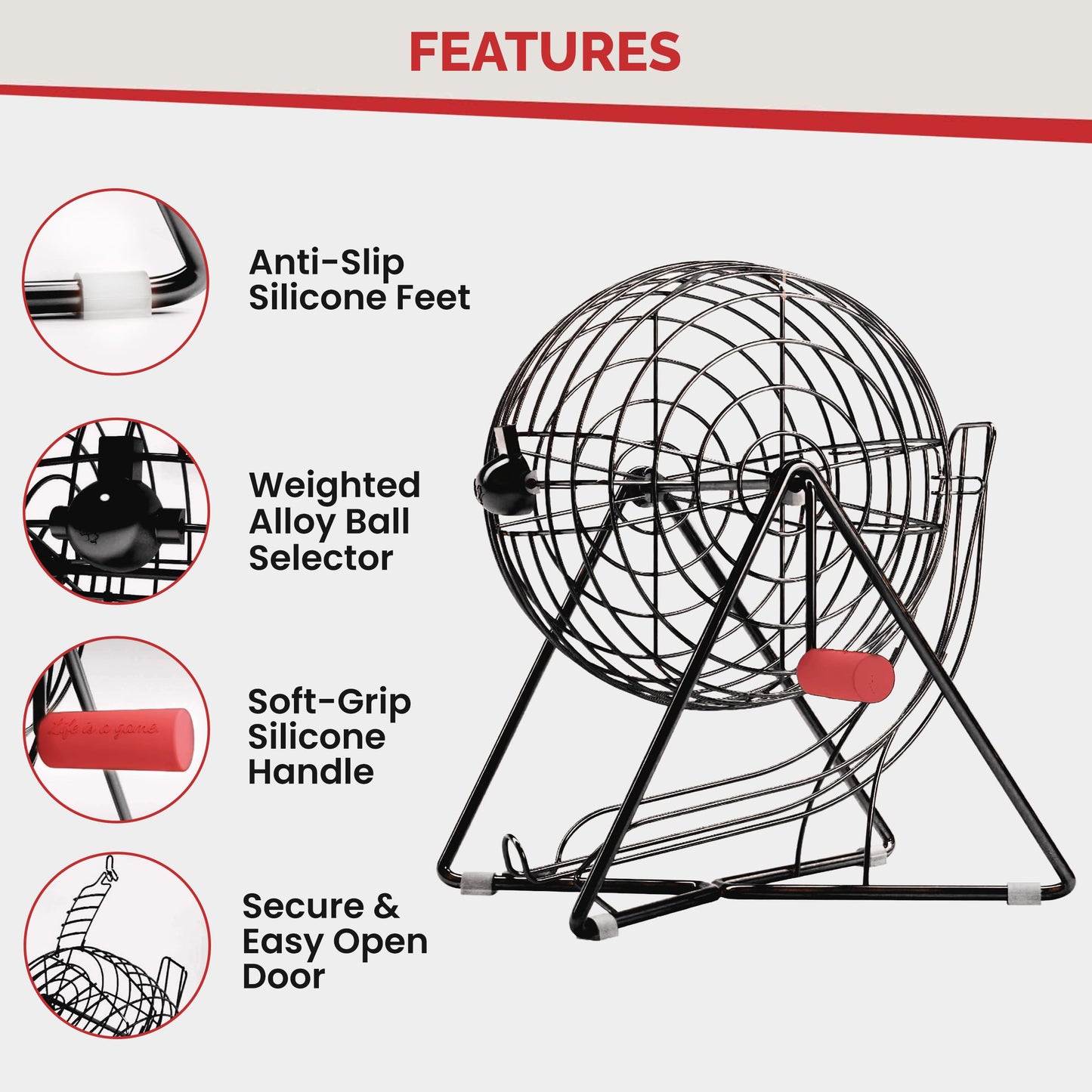 MR CHIPS 11\" Tall Professional Bingo Set with Steel Cage, Everlasting 7/8 inch Balls, Master Board for Balls — Mysterious Black