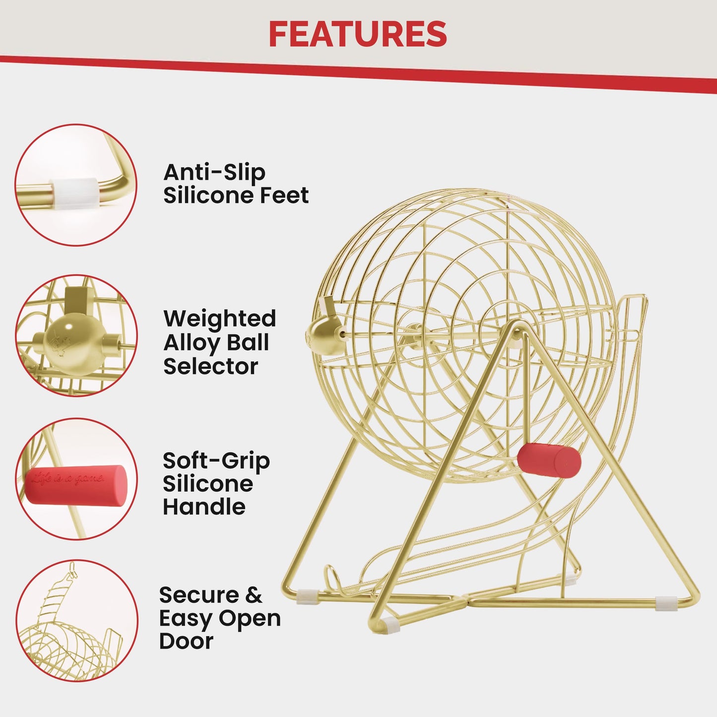 MR CHIPS 11-Inch Tall Pro Bingo Set with Steel Cage, Everlasting 7/8-Inch Balls, Master Board – Luxury Gold