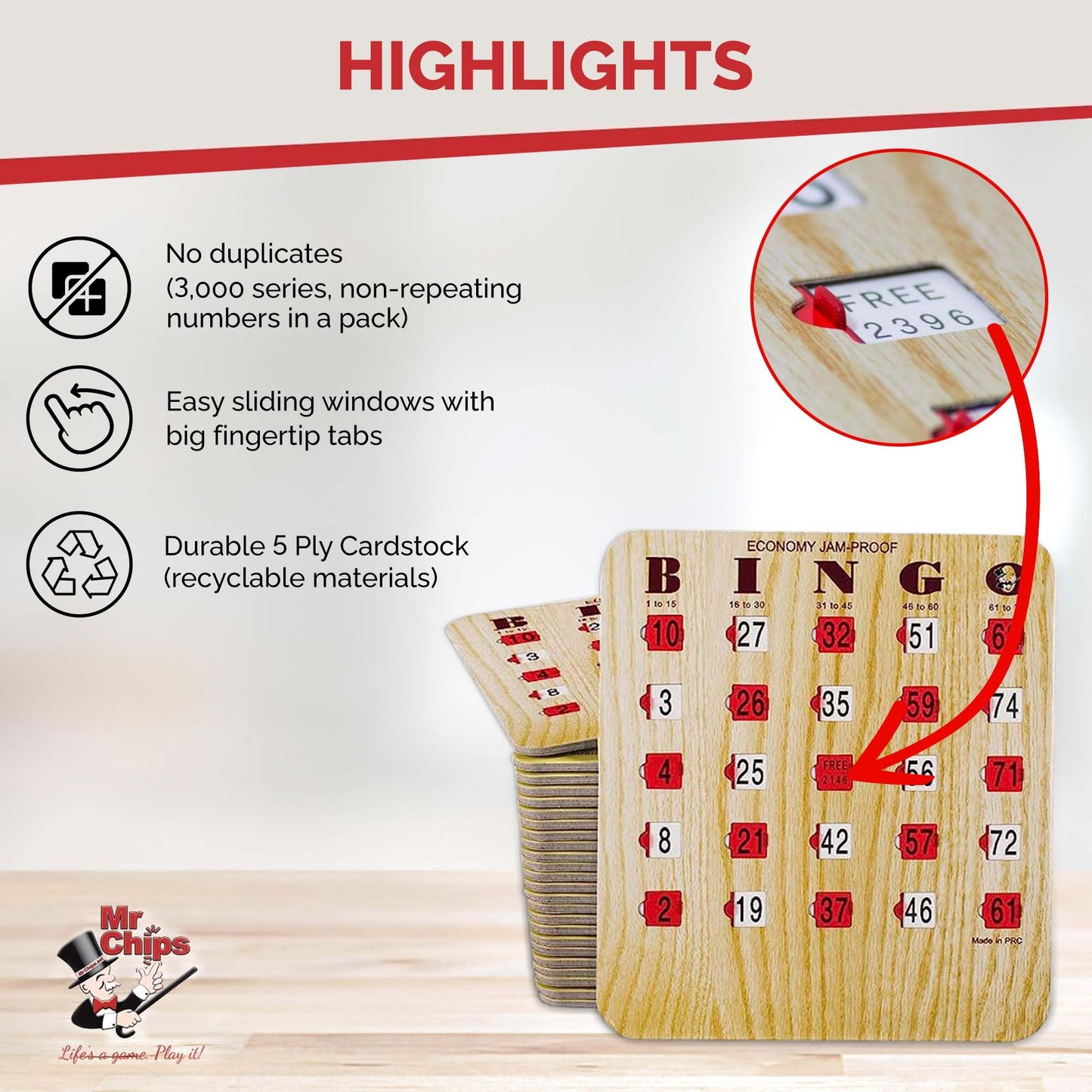 MR CHIPS Jam-Proof Bingo Cards with Sliding Windows - 50 Cards, 75 Calling Cards & Master Board