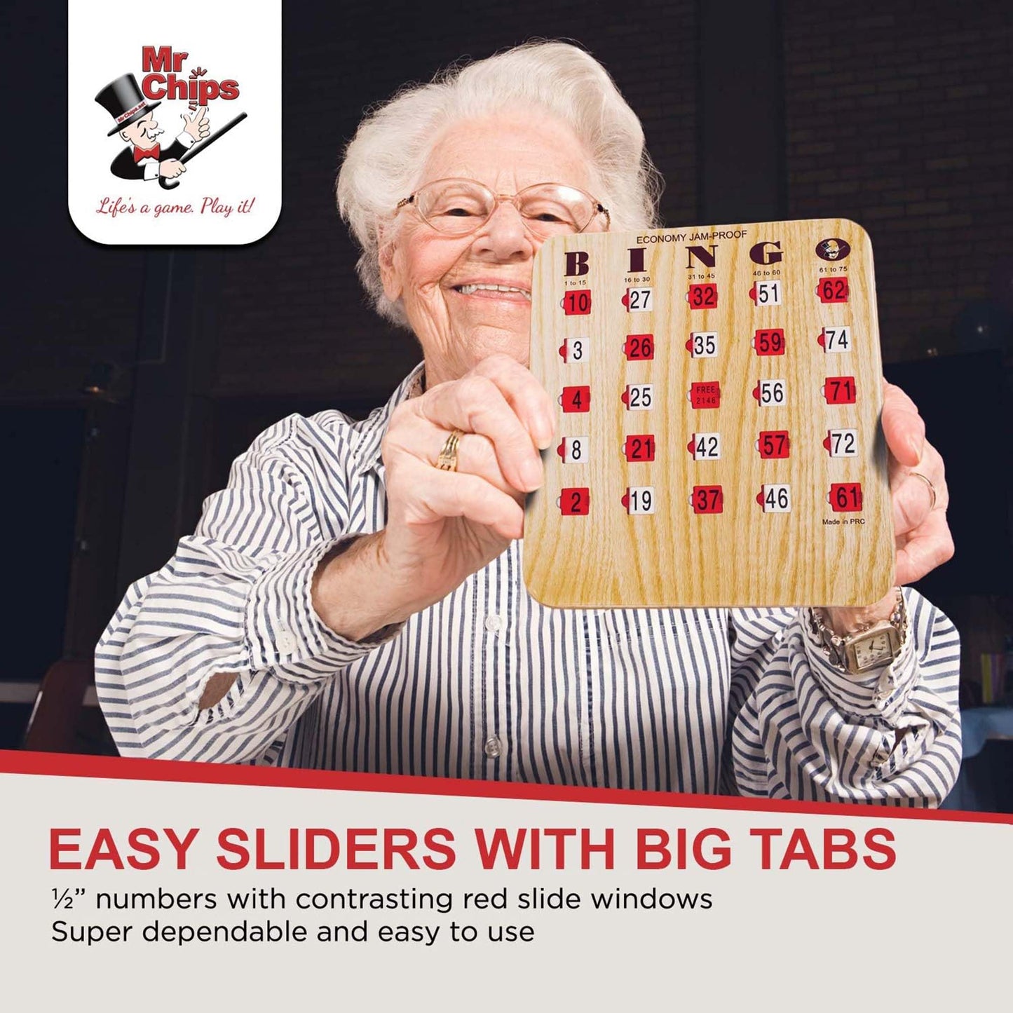 MR CHIPS Jam-Proof Bingo Cards with Sliding Windows — 25 Reusable Shutter Cards, 75 Calling Cards, Master Board (Tan Woodgrain)
