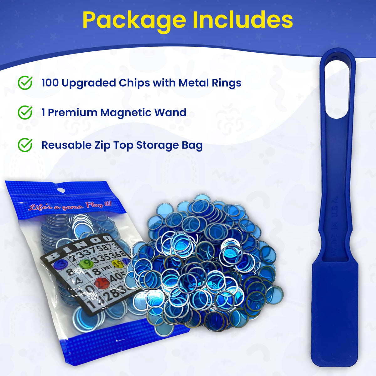 MR CHIPS Made in USA Bingo Magnetic Wand & 3/4-Inch Blue Chips (100 Pieces) – Support American Jobs