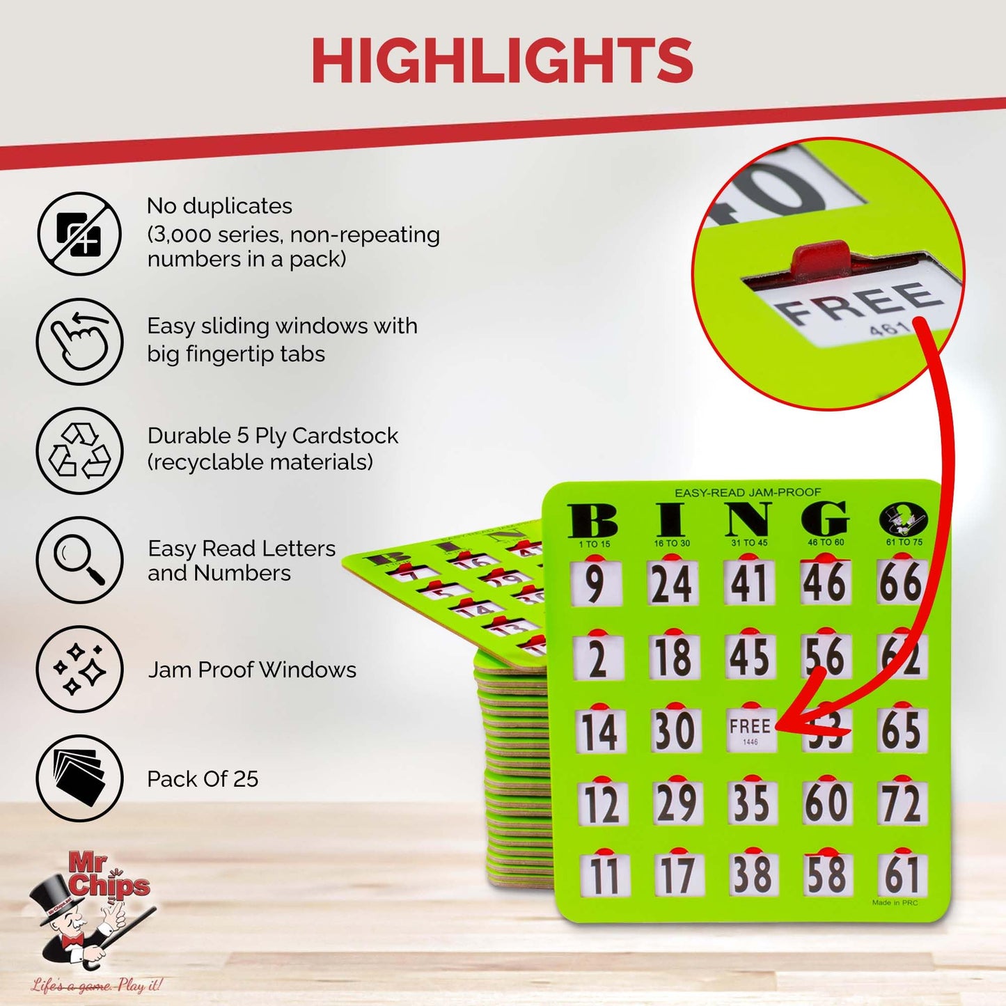 MR CHIPS Jam-Proof Large-Print Bingo Cards – Sliding Windows, 25 Pack (Green)