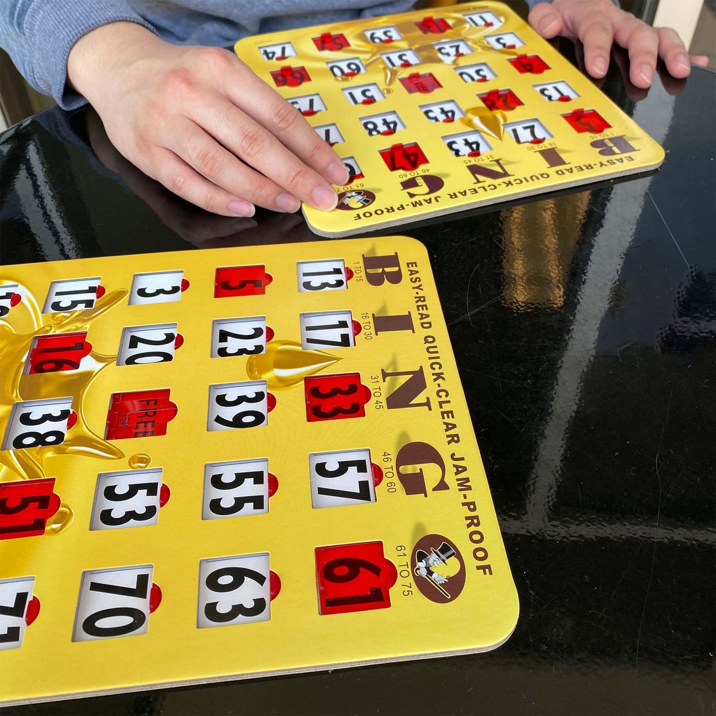 MR CHIPS Jam-Proof Easy-Read Large Print Sliding Window Bingo Cards – 25 Pack, Gold Rush Style