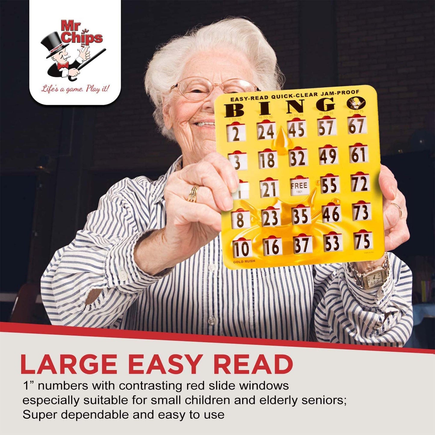 MR CHIPS Jam-Proof Easy-Read Large Print Sliding Window Bingo Cards – 25 Pack, Gold Rush Style