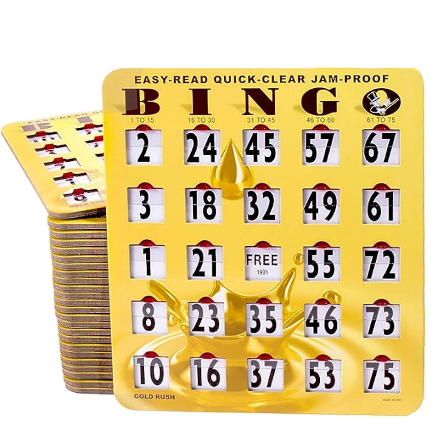 MR CHIPS Jam-Proof Easy-Read Large Print Sliding Window Bingo Cards – 25 Pack, Gold Rush Style