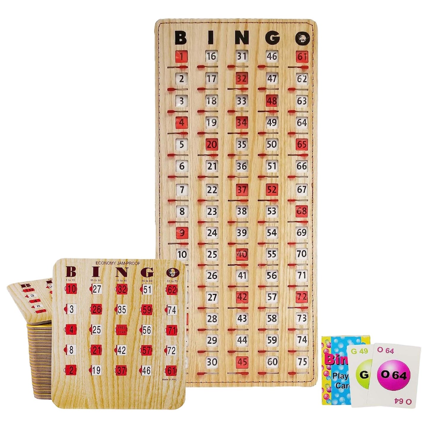 MR CHIPS Jam-Proof Bingo Cards with Sliding Windows — 25 Reusable Shutter Cards, 75 Calling Cards, Master Board (Tan Woodgrain)