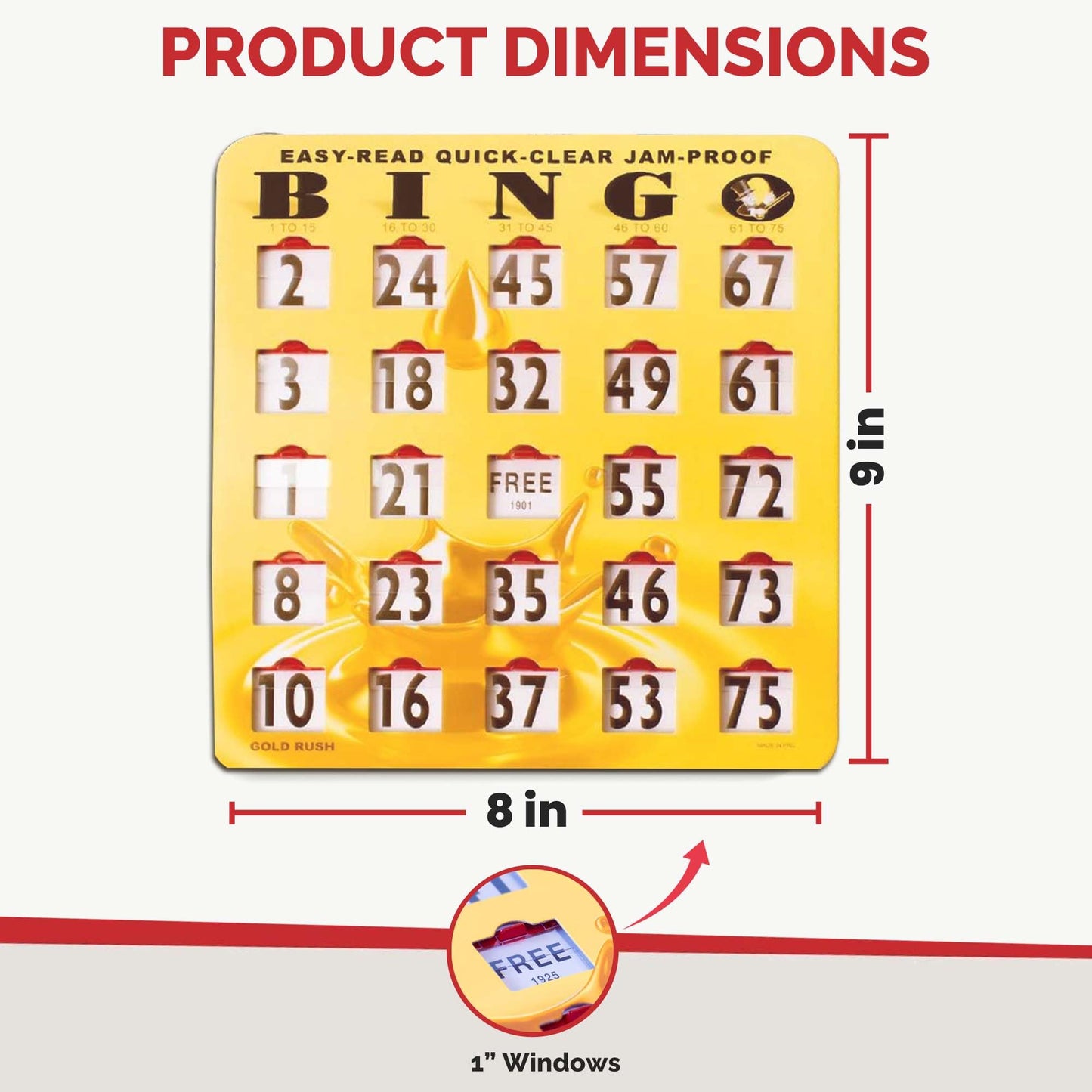 MR CHIPS Jam-Proof Easy-Read Large Print Sliding Window Bingo Cards – 25 Pack, Gold Rush Style