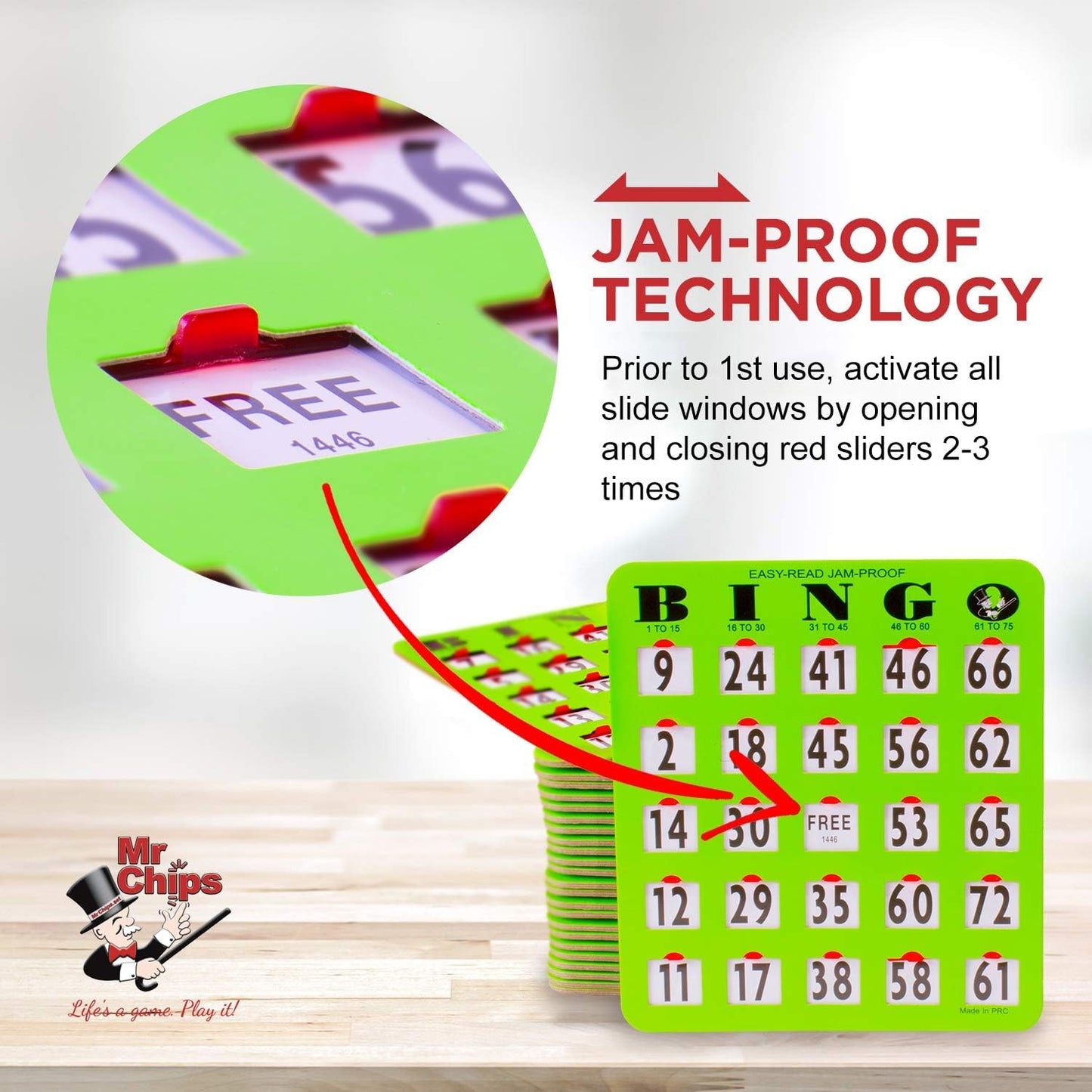 MR CHIPS Jam-Proof Easy-Read Large Print Bingo Cards – 10-Pack Sliding Windows (Green)
