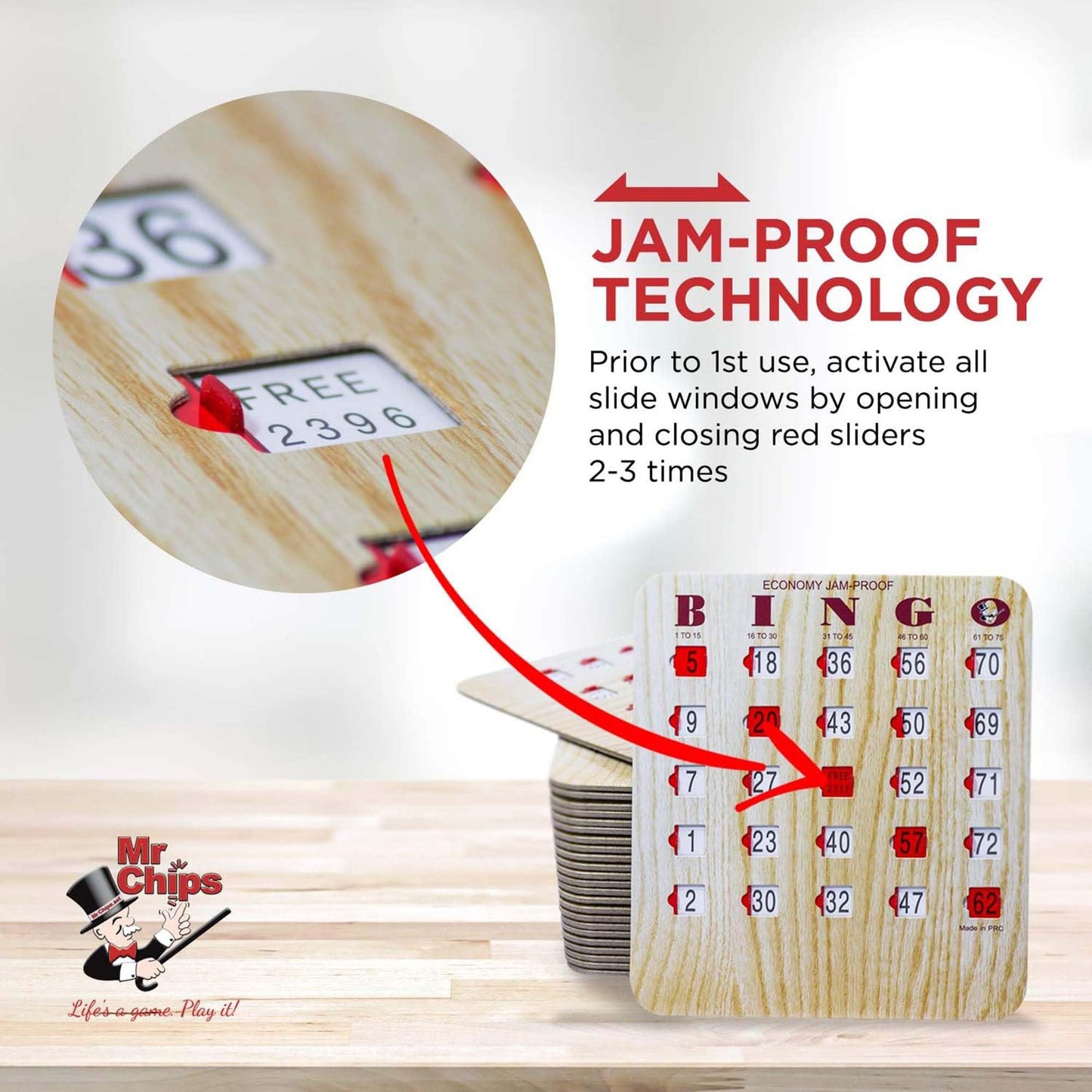 MR CHIPS Jam-Proof Bingo Cards with Sliding Windows - 50 Cards, 75 Calling Cards & Master Board