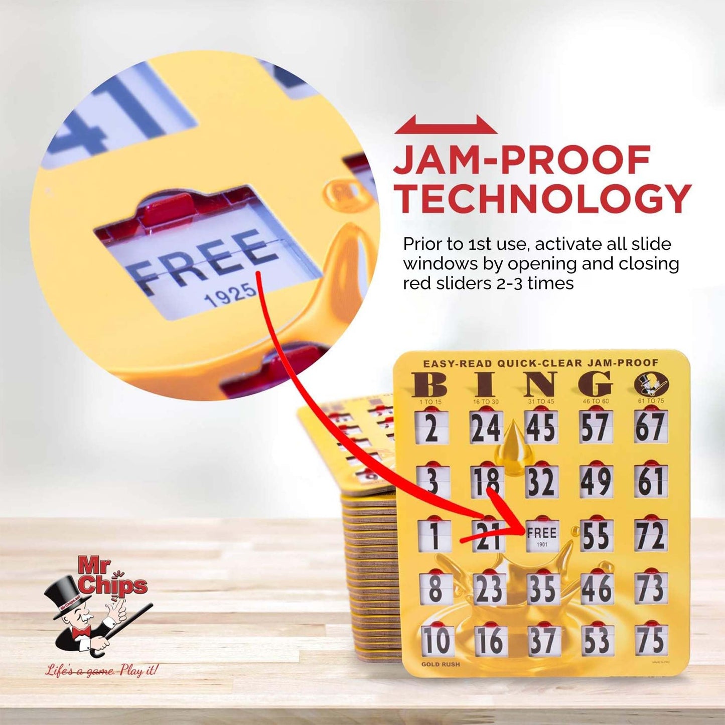 MR CHIPS Jam-Proof Easy-Read Large Print Sliding Window Bingo Cards – 25 Pack, Gold Rush Style