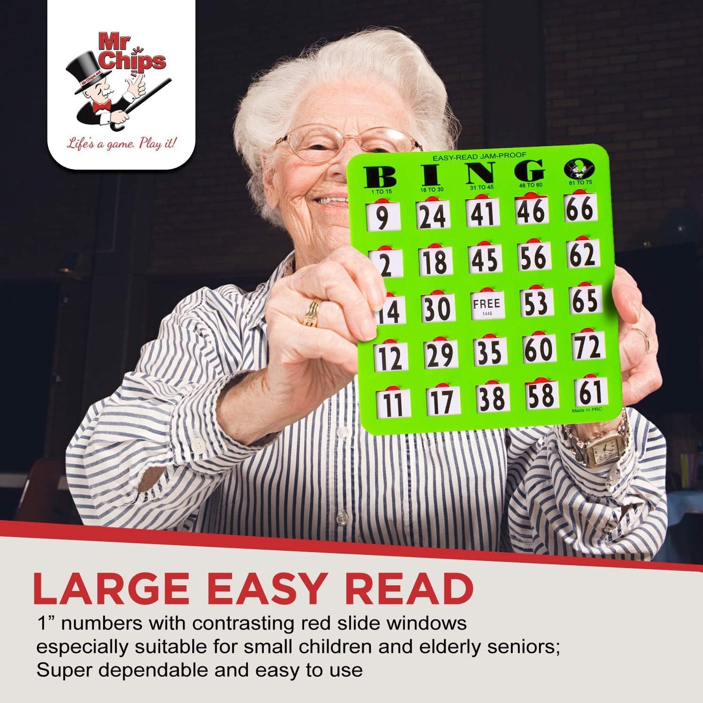 MR CHIPS Jam-Proof Easy-Read Large Print Bingo Cards – 10-Pack Sliding Windows (Green)