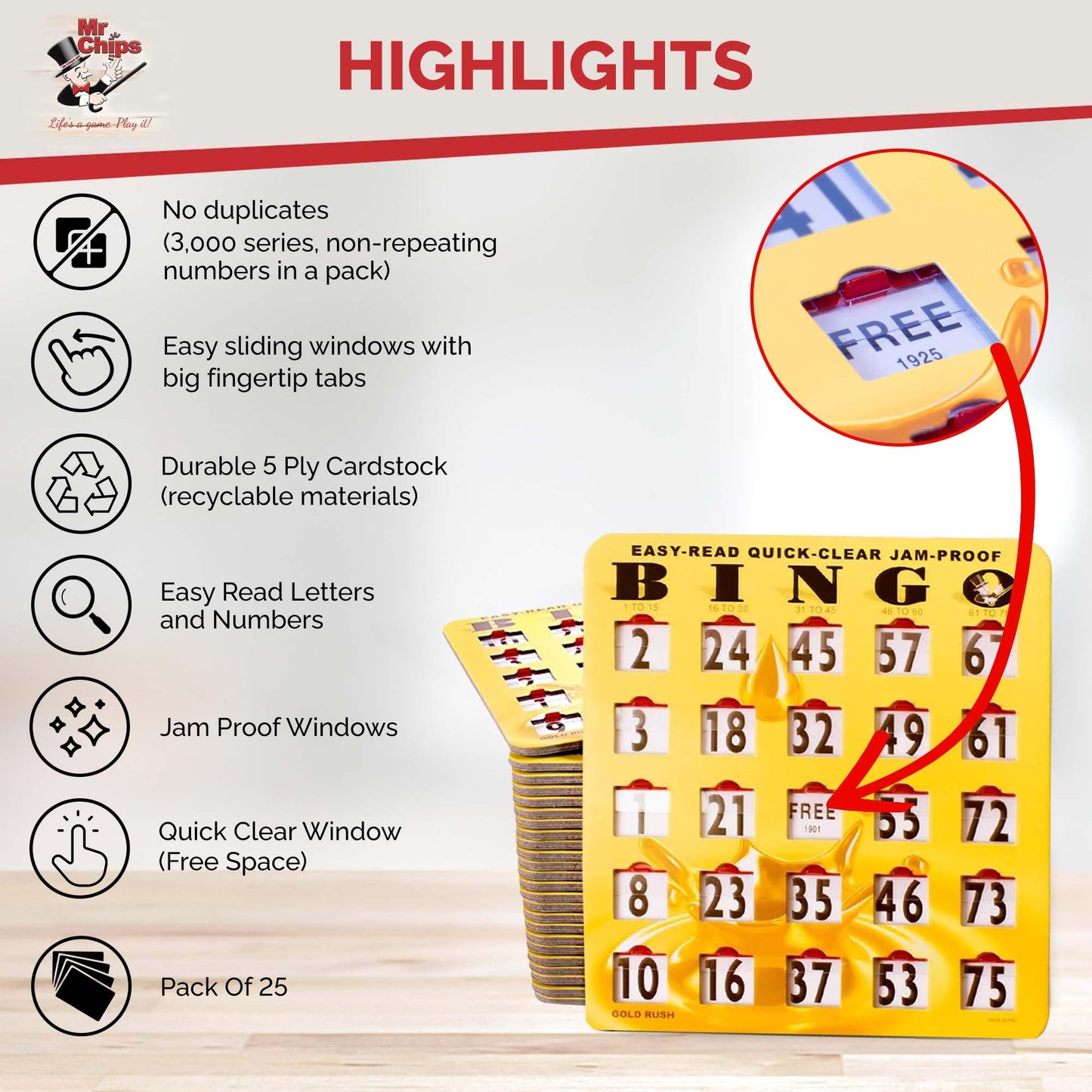 MR CHIPS Jam-Proof Easy-Read Large Print Sliding Window Bingo Cards – 25 Pack, Gold Rush Style