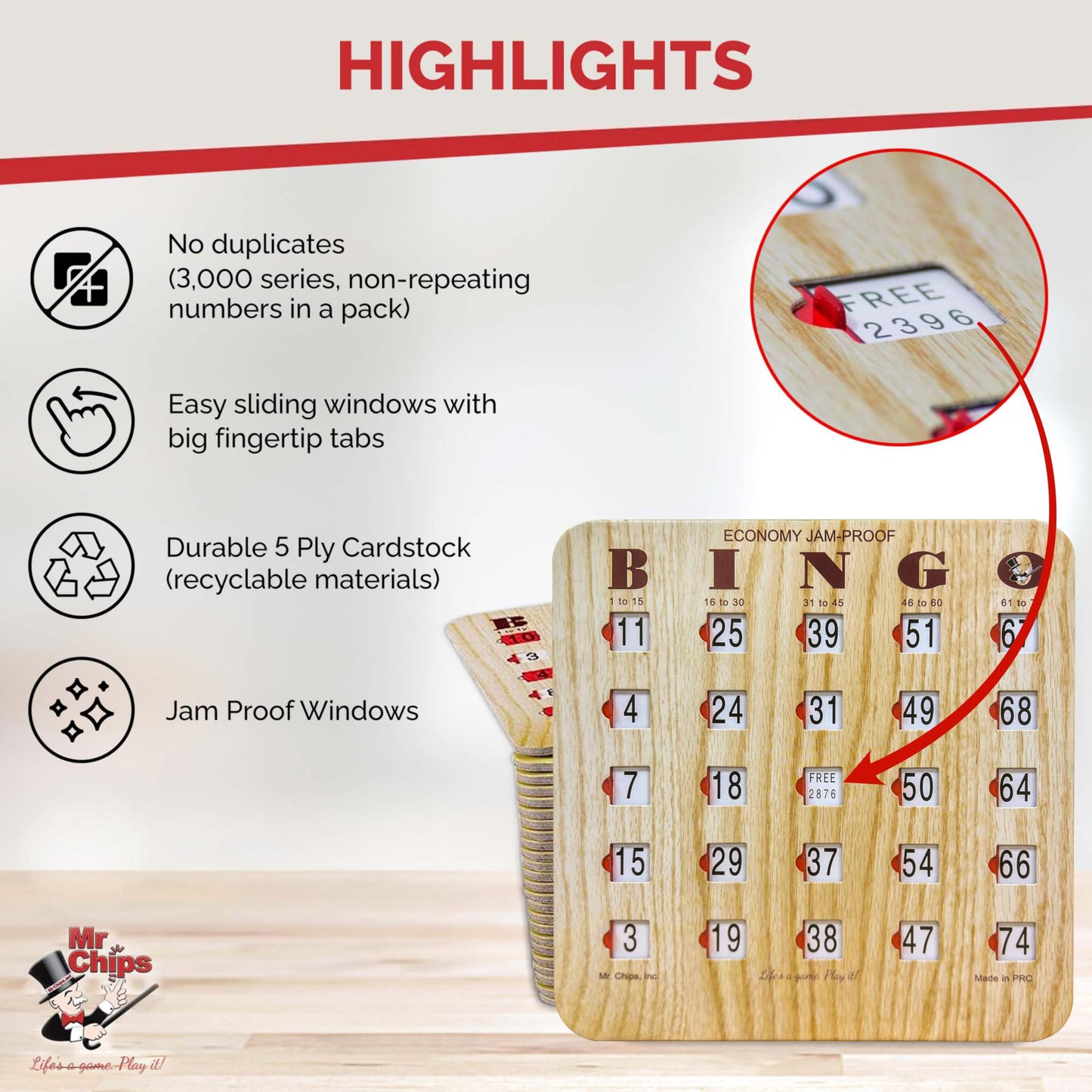 MR CHIPS Jam-Proof Fingertip Slide Bingo Cards – 50-Pack Tan Style