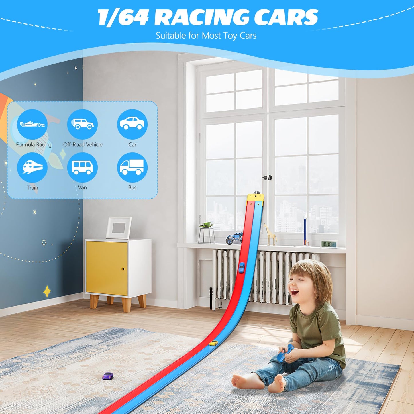 Mr IRONSTONE 15ft Flexible Race Track with 4 Cars – Dual-Track, Portable Indoor/Outdoor Play