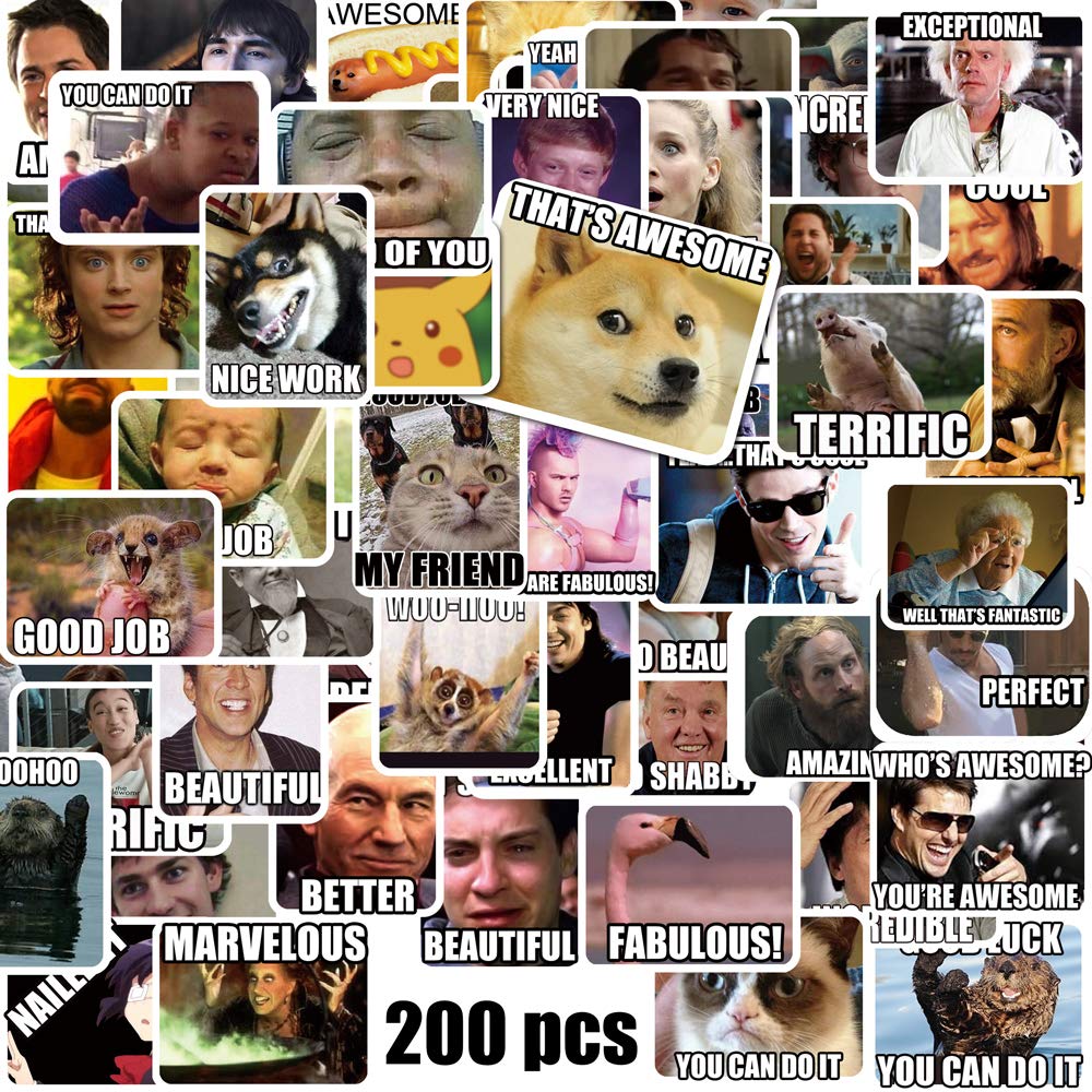 Mr.lucky Artwork Funny Meme Stickers 200PCS – Vinyl, Water-Resistant, Easy Peel (No Repeats)