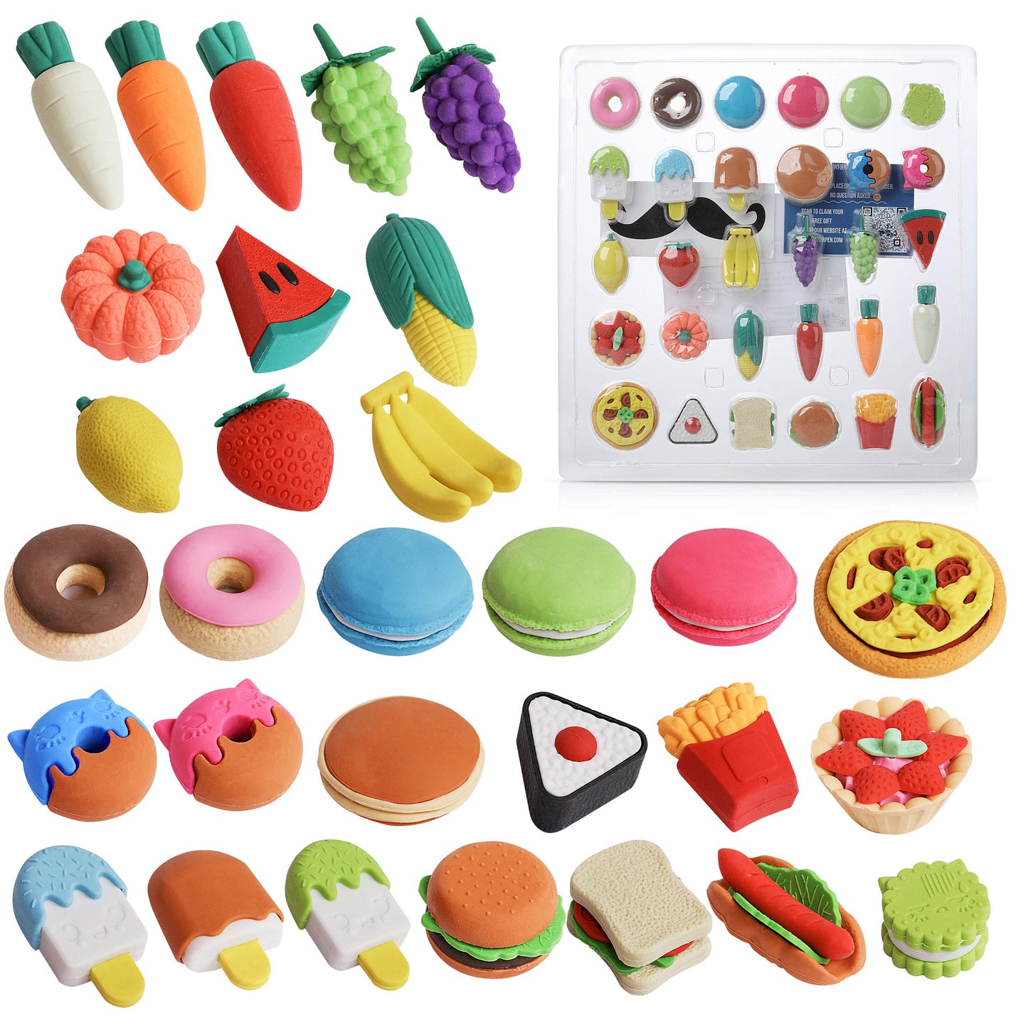 Mr. Pen Mini Food Erasers for Kids | 30-Pack 3D Erasers – Non-Toxic & No Smudge