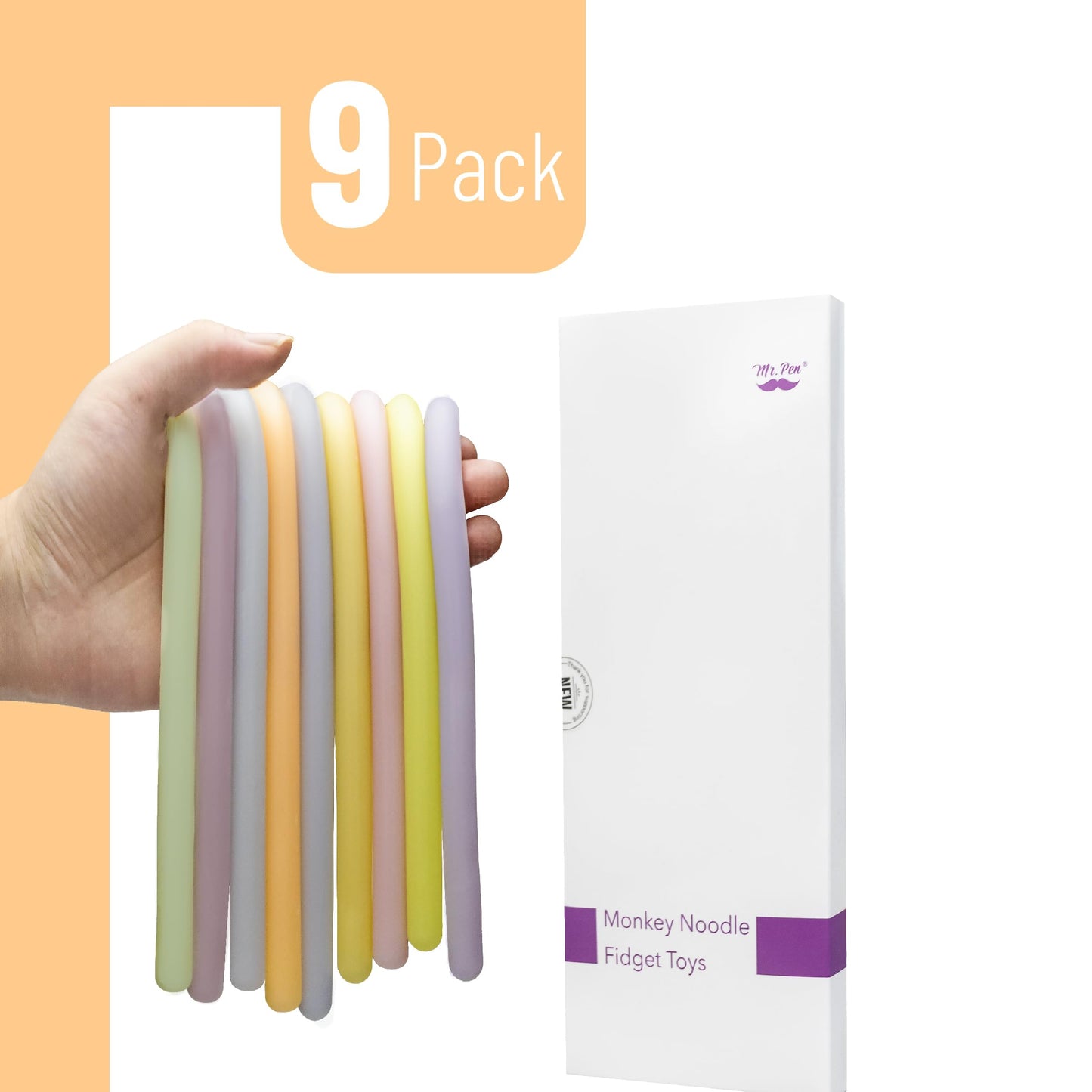Mr. Pen Monkey Noodle Fidget Toy — 9 Pack, Pastel Colors, 5-Ft Elasticity