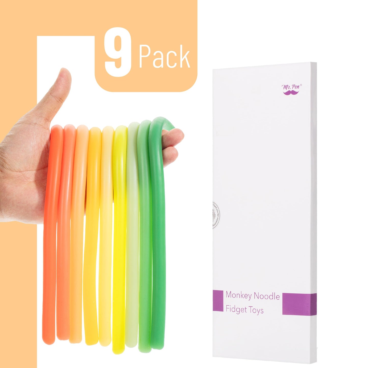 Mr. Pen Monkey Noodle Fidget Toy – 9 Pack, Colorful & Durable Silicone (Stretches Up to 5 ft)