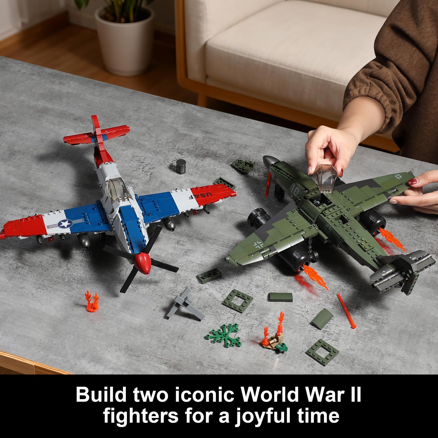 Mr.River WW2 Military Airplane Toy Building Sets — Me 262 & P-51D Fighter Jets, LEGO-Compatible