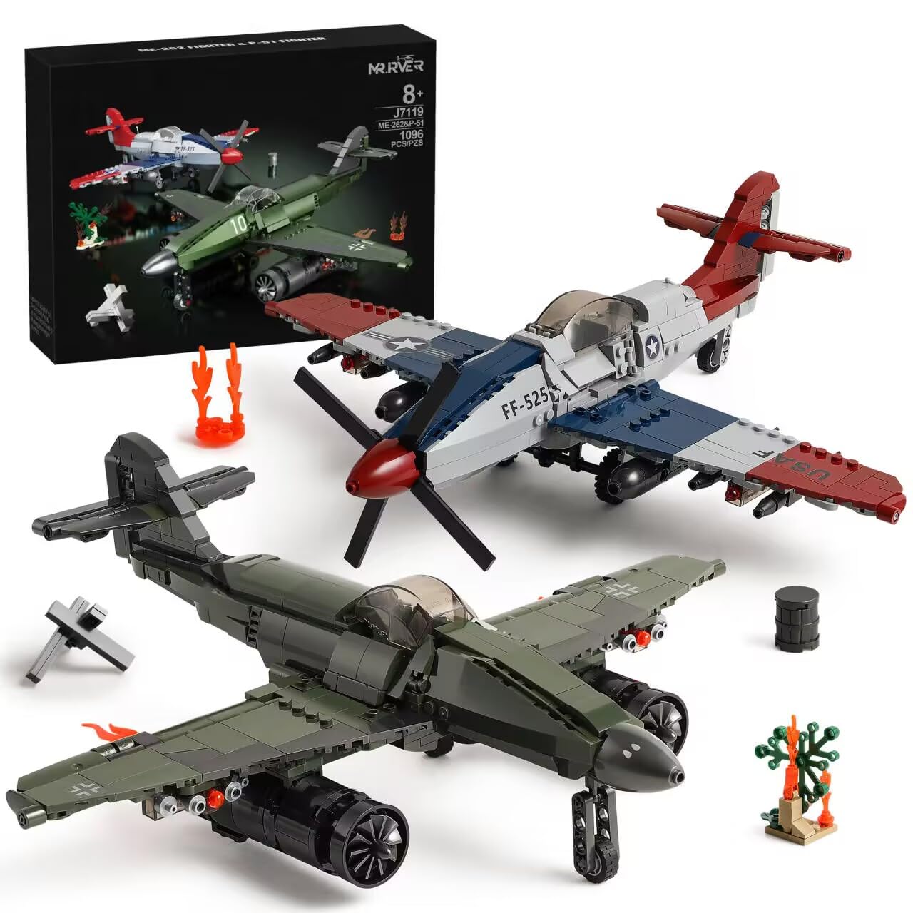 Mr.River WW2 Military Airplane Toy Building Sets — Me 262 & P-51D Fighter Jets, LEGO-Compatible