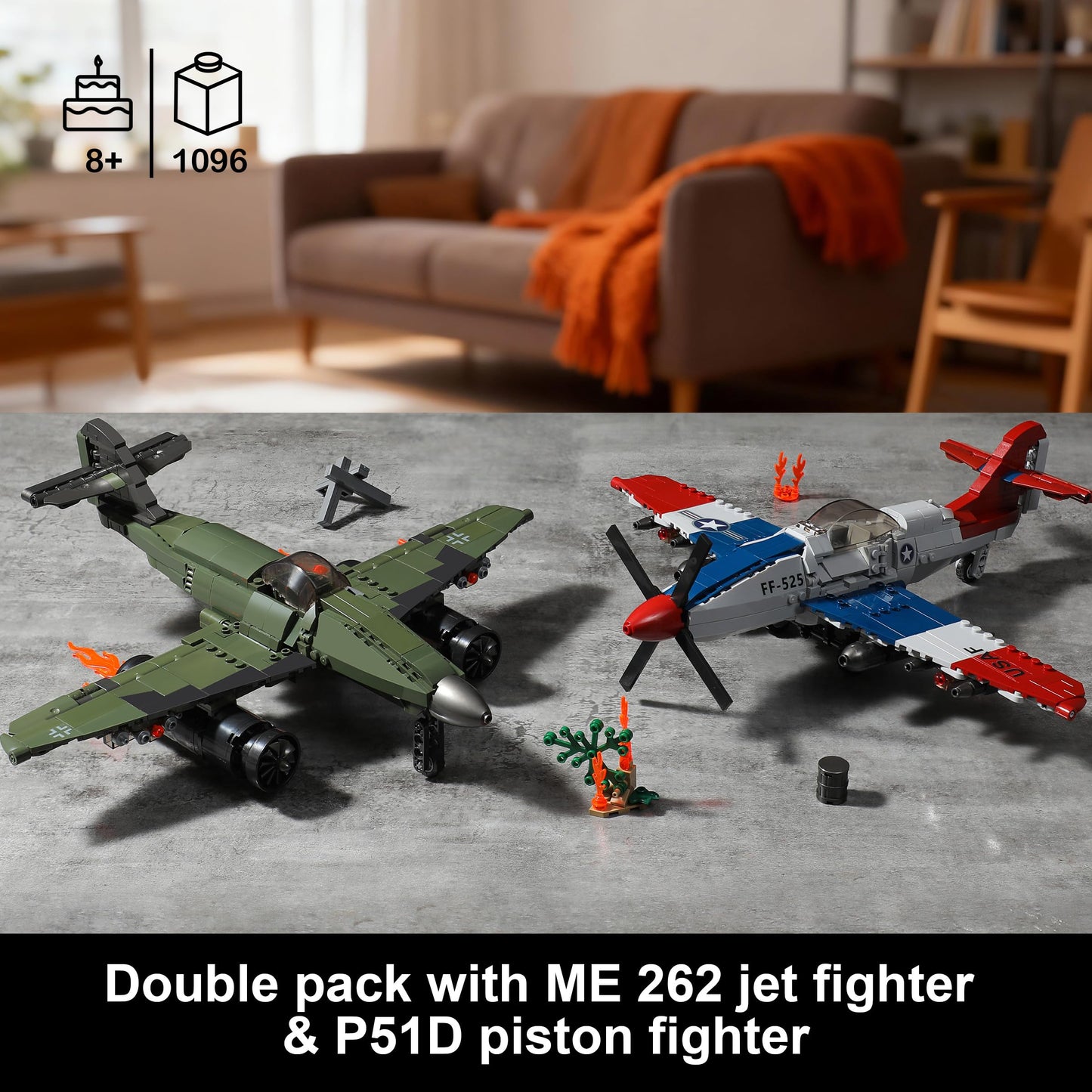 Mr.River WW2 Military Airplane Toy Building Sets — Me 262 & P-51D Fighter Jets, LEGO-Compatible
