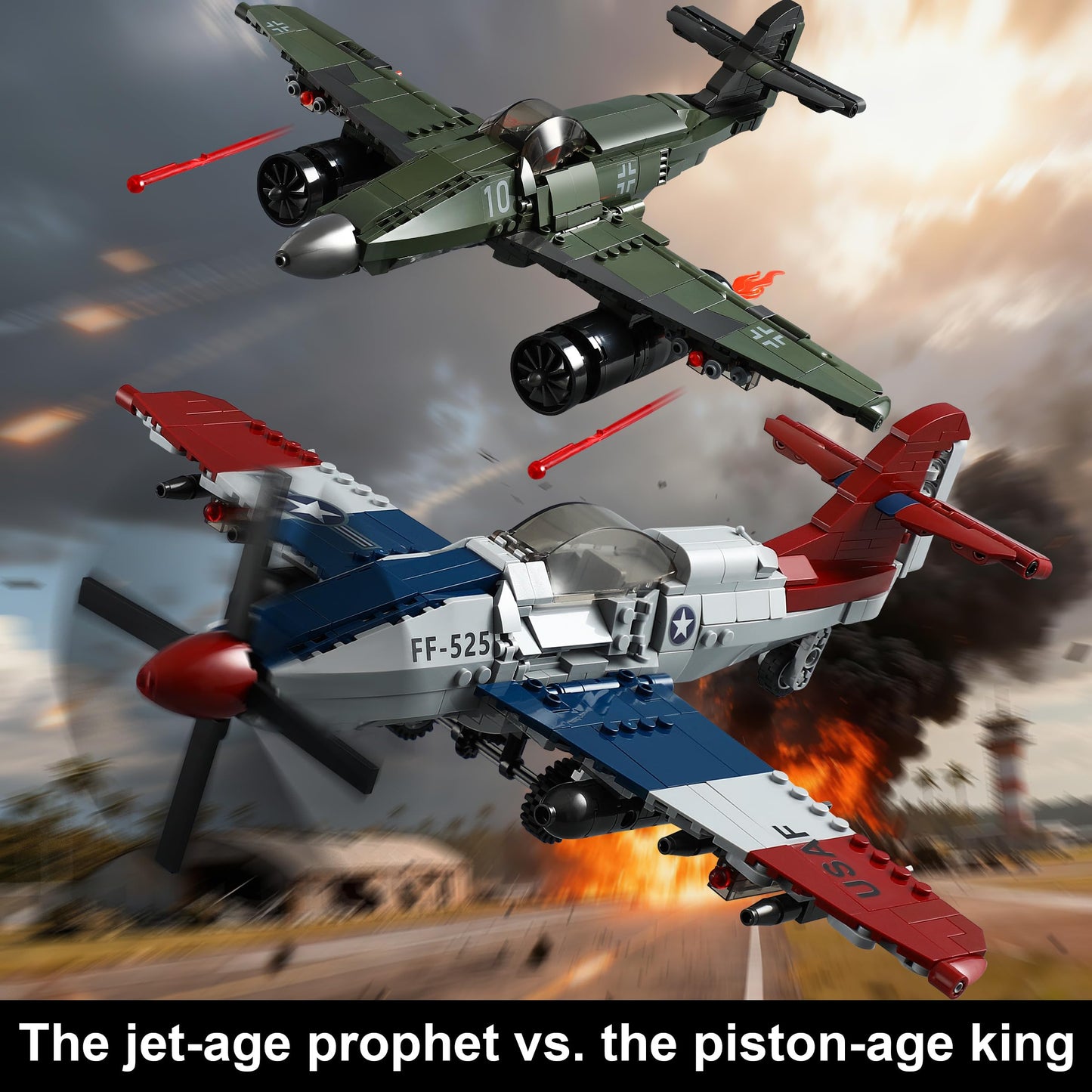 Mr.River WW2 Military Airplane Toy Building Sets — Me 262 & P-51D Fighter Jets, LEGO-Compatible