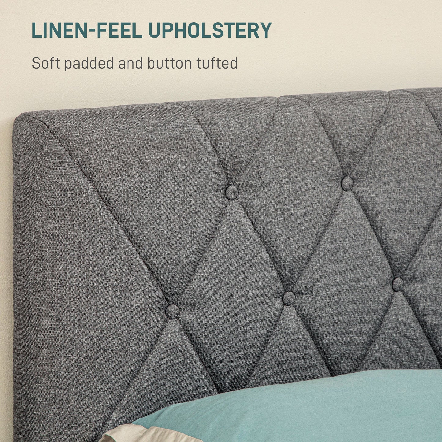 HOMCOM Double Bed Frame with 5-Level Adjustable Linen Headboard