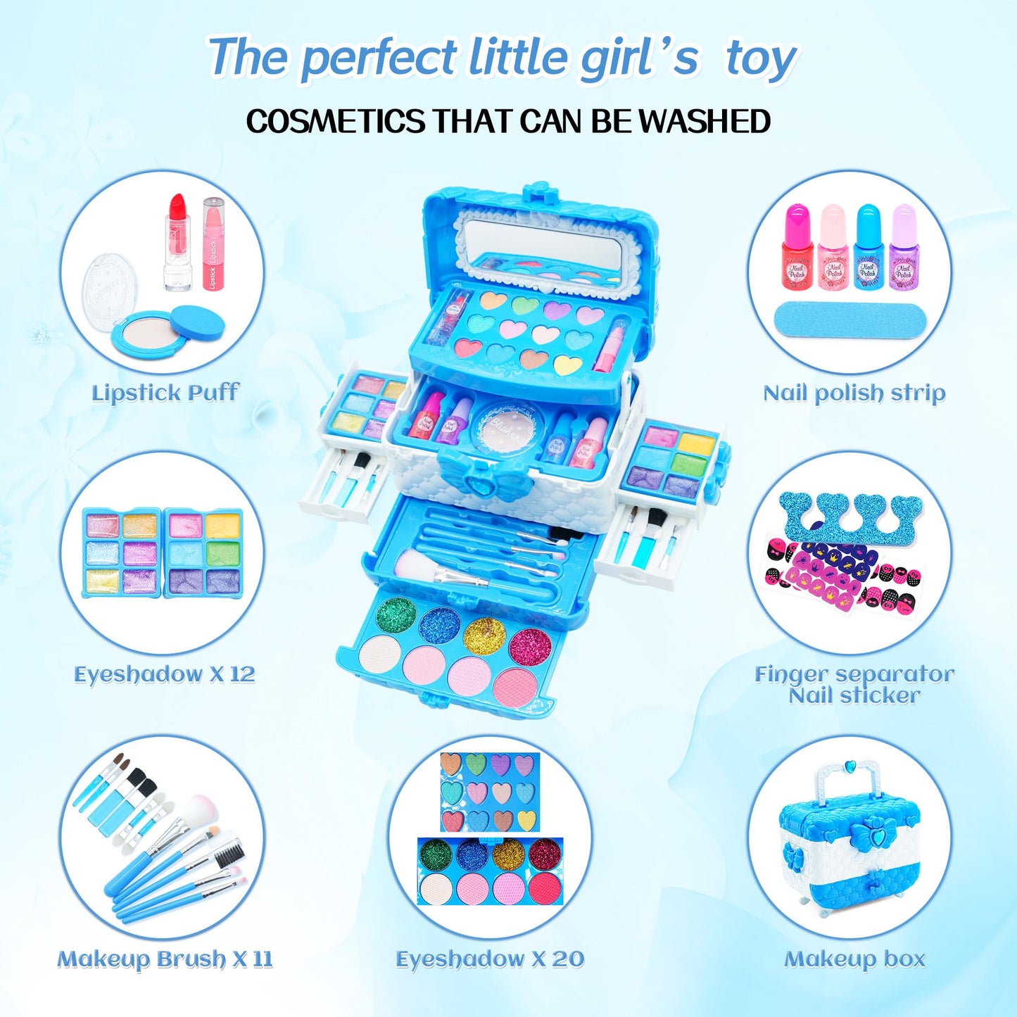 Mrabbitoo Kids Makeup Sets for Girls | 57-Piece Non-Toxic Play Make Up Kit (Ages 3-12)