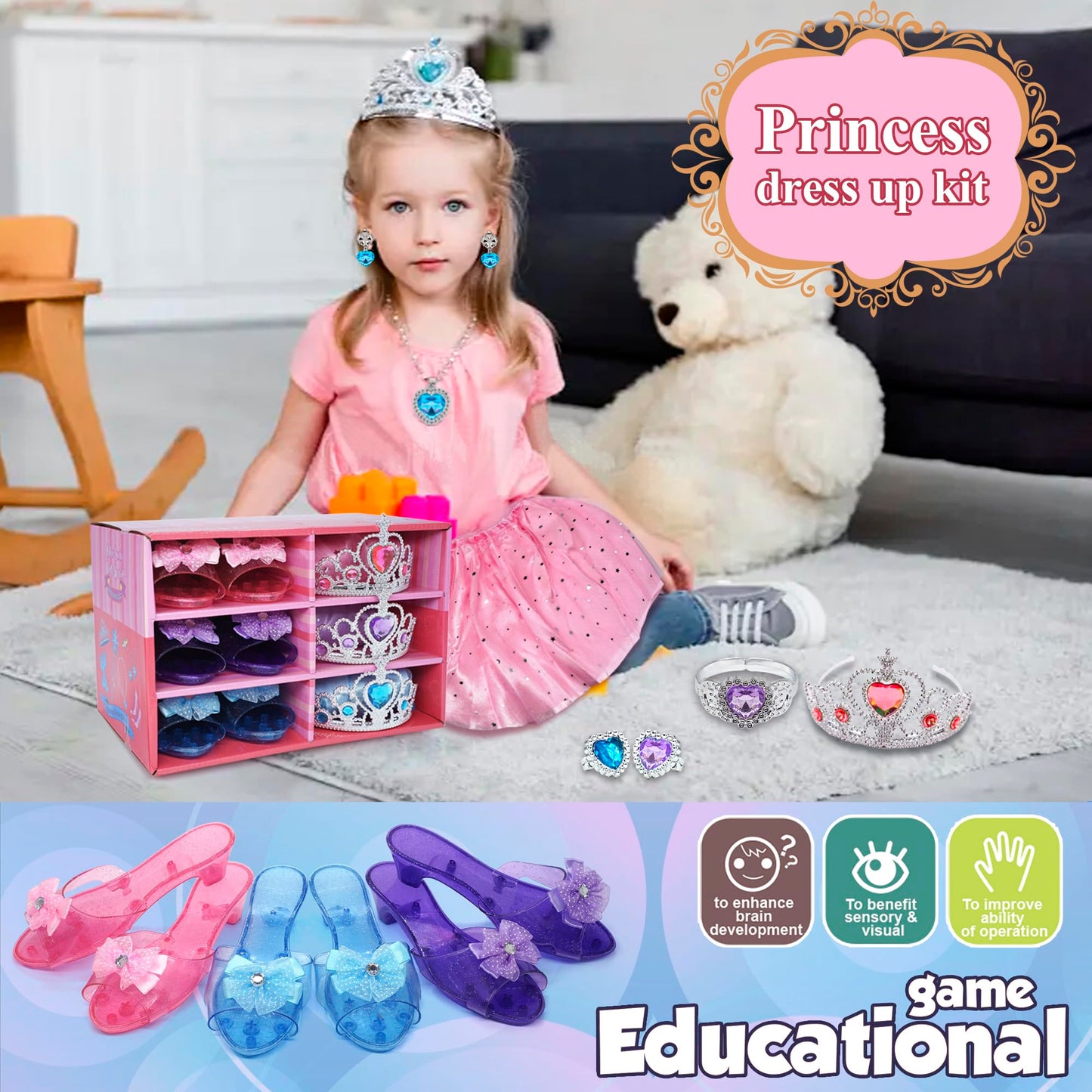 Mrabbitoo Princess Dress Up Set for Girls | 7-Piece Toddler Costume Kit with Skirts, Shoes, Crown & Jewelry