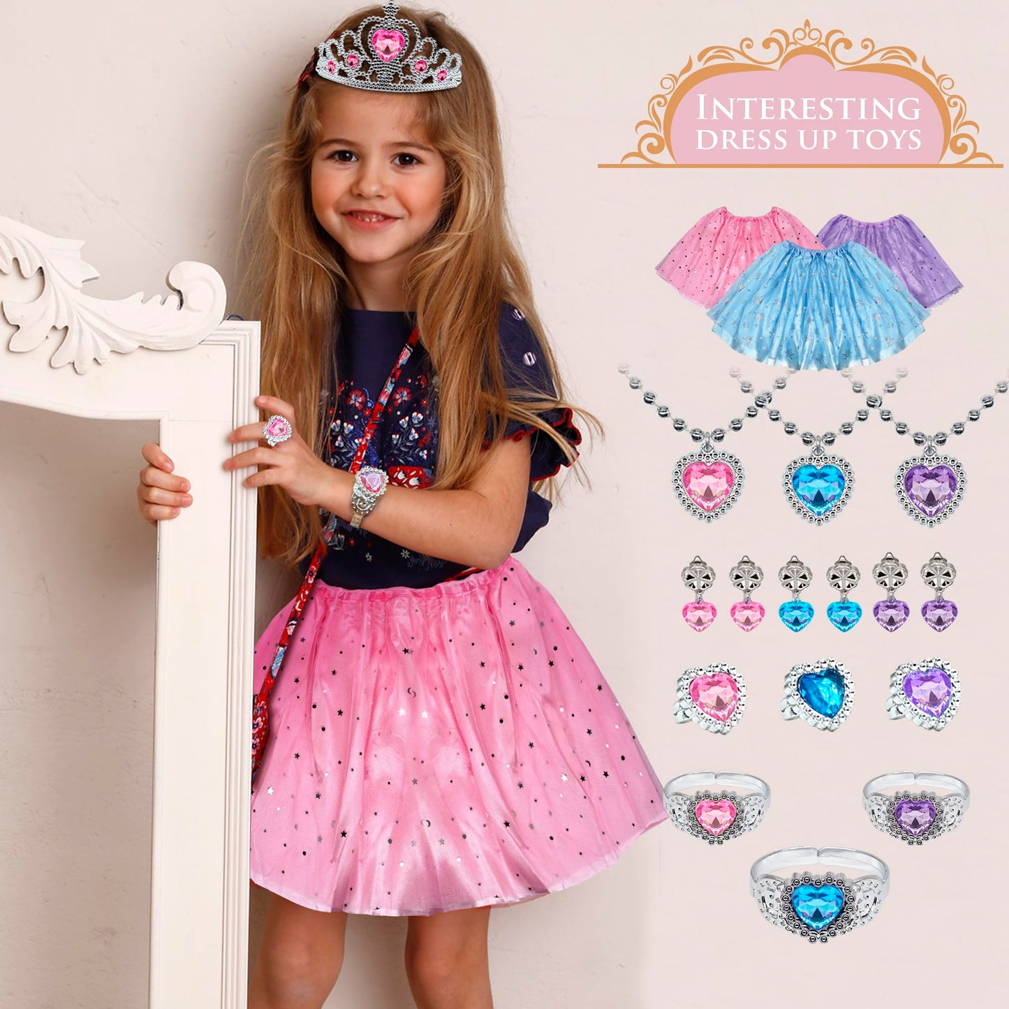 Mrabbitoo Princess Dress Up Set for Girls | 7-Piece Toddler Costume Kit with Skirts, Shoes, Crown & Jewelry