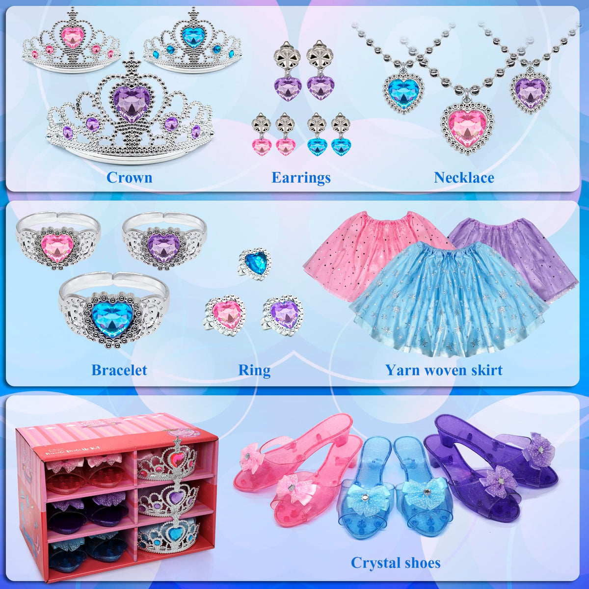 Mrabbitoo Princess Dress Up Set for Girls | 7-Piece Toddler Costume Kit with Skirts, Shoes, Crown & Jewelry