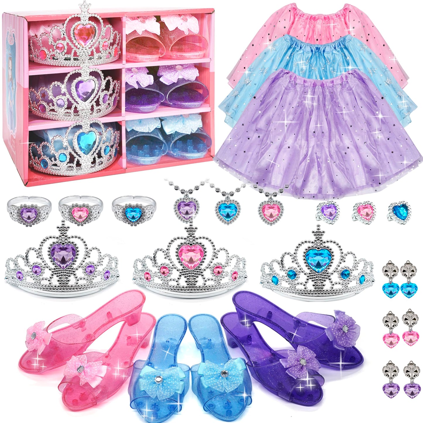 Mrabbitoo Princess Dress Up Set for Girls | 7-Piece Toddler Costume Kit with Skirts, Shoes, Crown & Jewelry